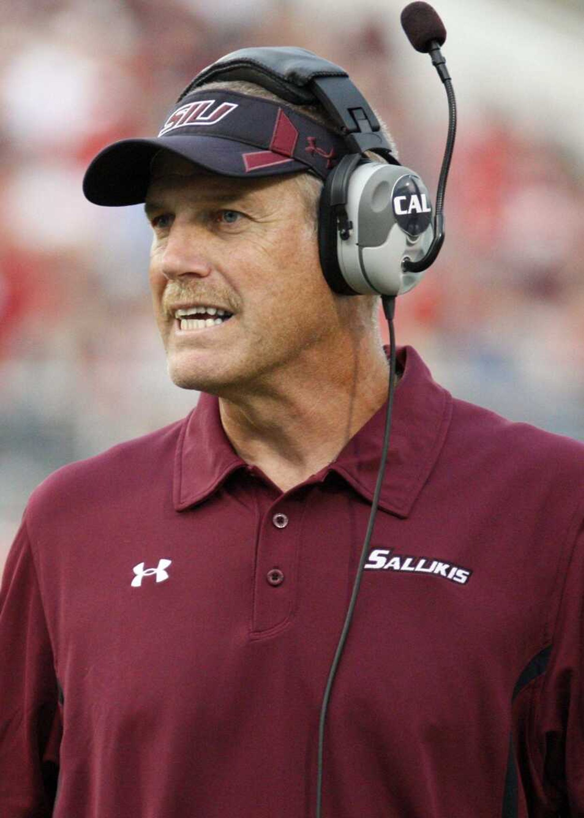 Southern Illinois football coach Dale Lennon reacts as his team is scored on by Mississippi in the first half of their NCAA college football game at Vaught-Hemingway Stadium, Saturday, Sept. 10, 2011, in Oxford, Miss. (AP Photo/Rogelio V. Solis)