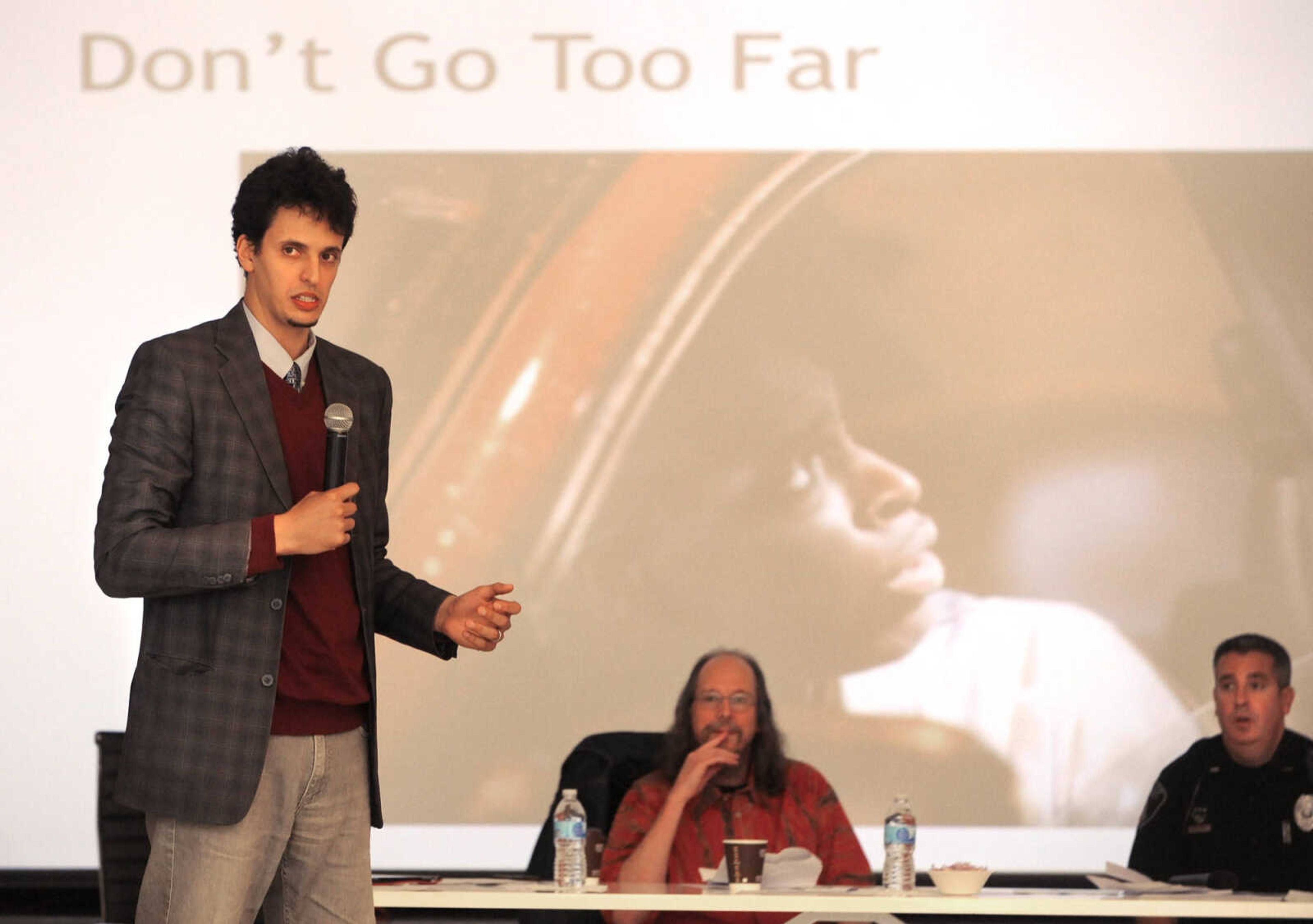 FRED LYNCH ~ flynch@semissourian.com
ACLU representative Mustafa Abdullah discusses an arrest scenario on video during the Know Your Rights event Saturday, Feb. 20, 2016 at The Concourse.