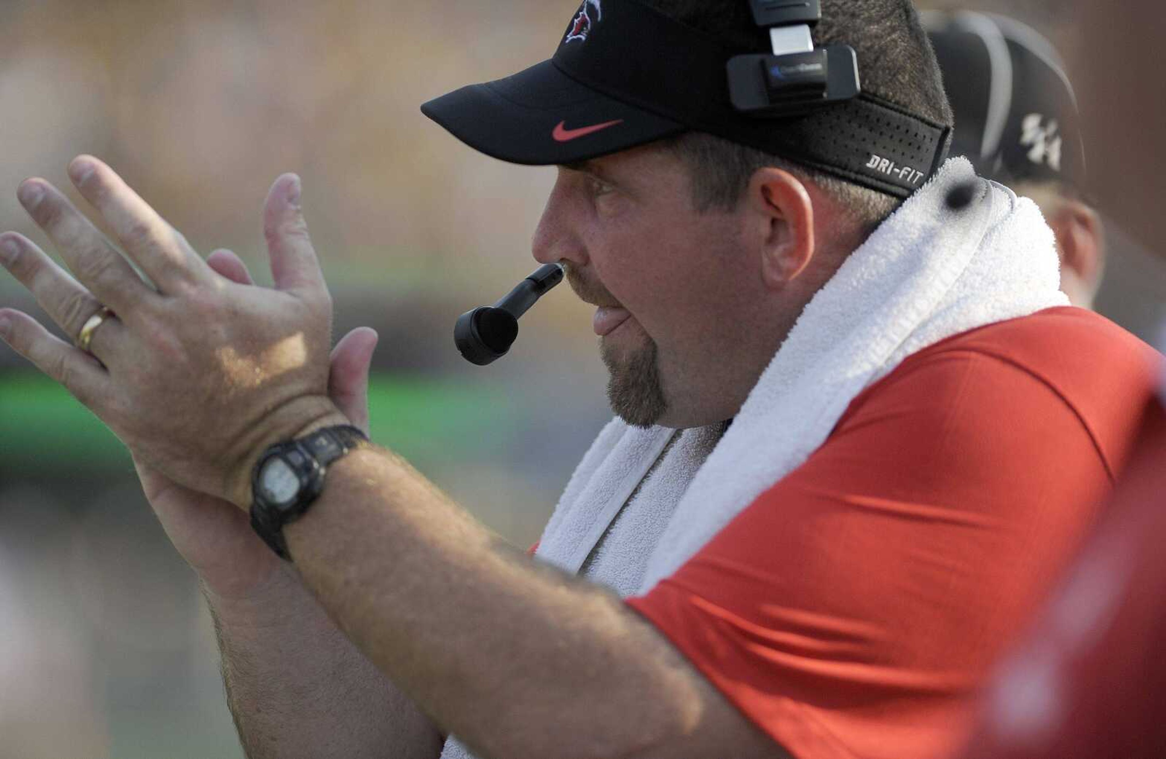 Southeast Missouri State head coach Tom Matukewicz coaches from the sideline as the Redhawks take on Mizzou, Saturday, Sept. 5, 2015, at Faurot Field in Columbia, Missouri. Mizzou defeated Southeast 34-3. (Laura Simon)