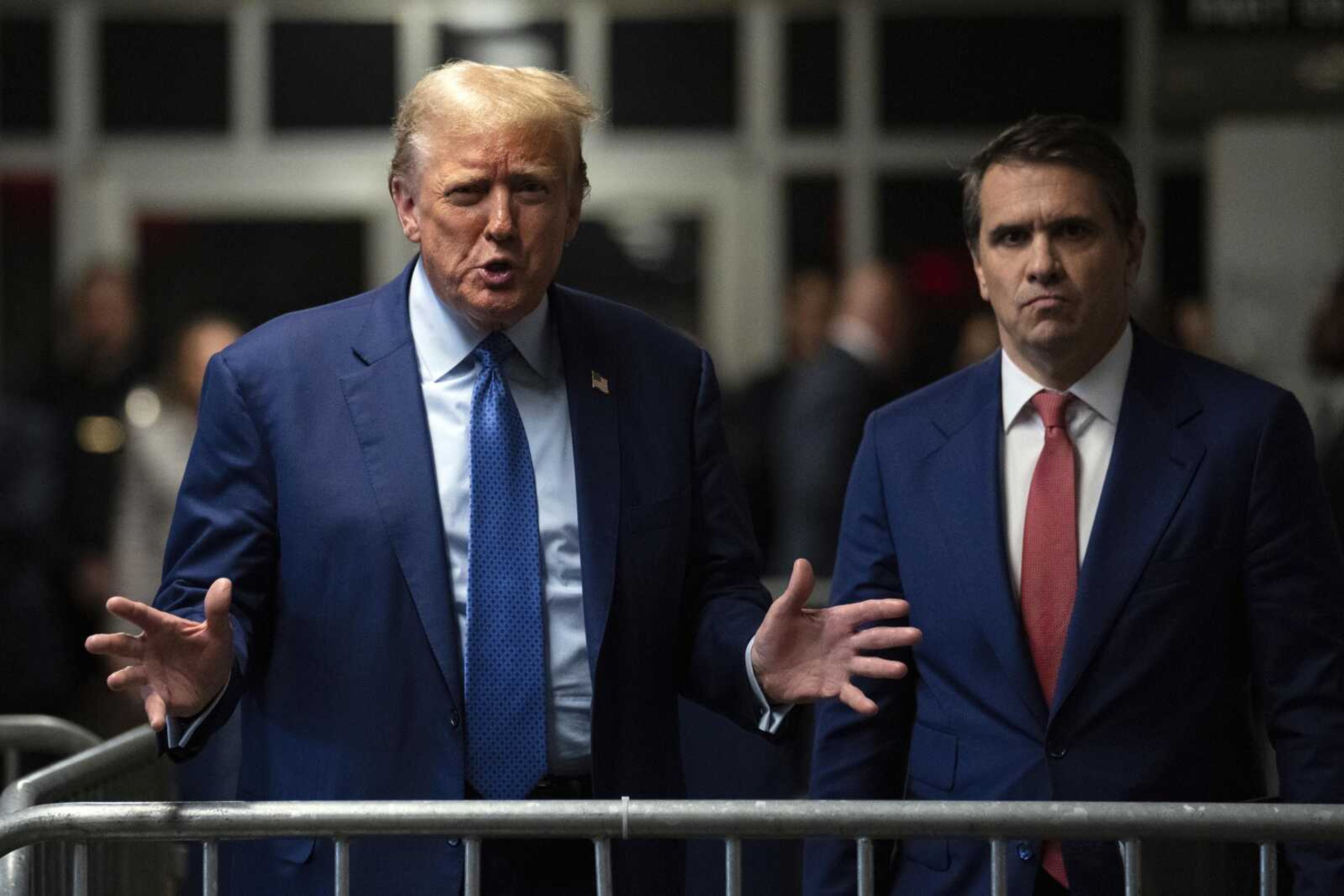 Former President Donald Trump speaks to members of the media at Manhattan criminal court, Thursday, May 9, 2024, in New York. (Jeenah Moon/Pool Photo via AP)