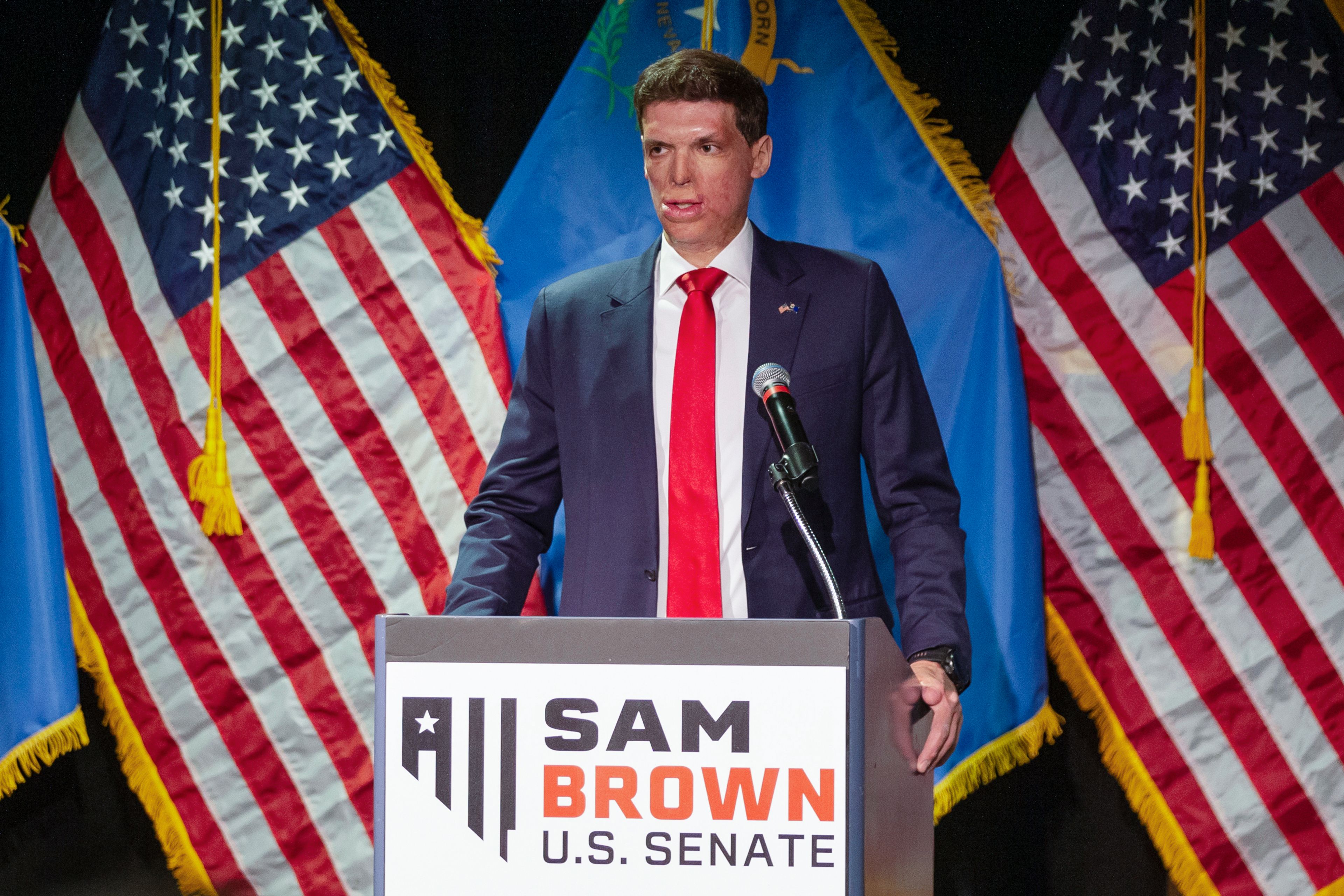 FILE - Republican senatorial candidate Sam Brown speaks at a primary election night party, June 11, 2024, in Reno, Nev. (AP Photo/Tom R. Smedes, File)