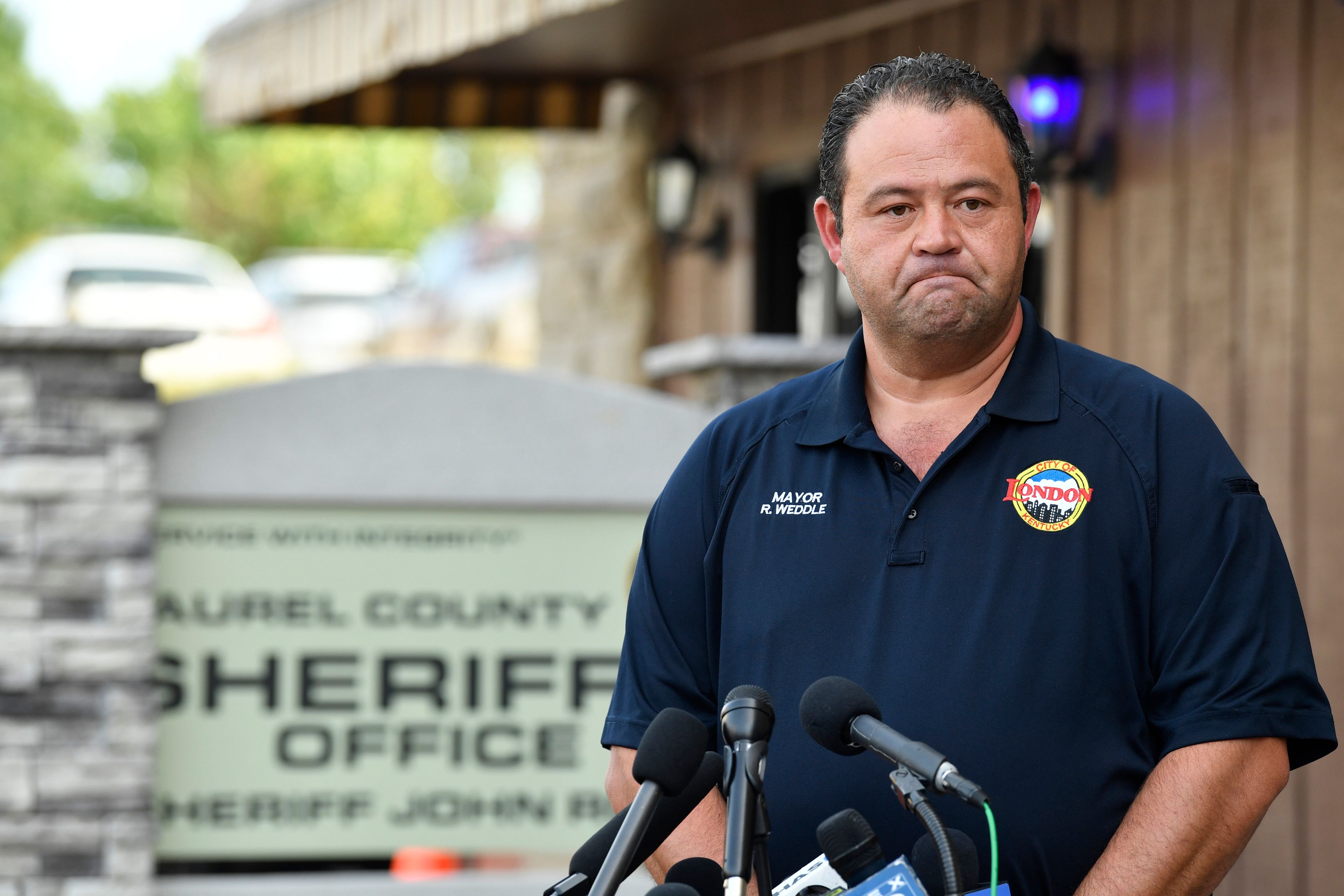 London, Ky. Mayor Randall Weddle makes comments to the media regarding the shooting that happened near his town along I-75 in London, Ky., Sunday, Sept. 8, 2024. (AP Photo/Timothy D. Easley)