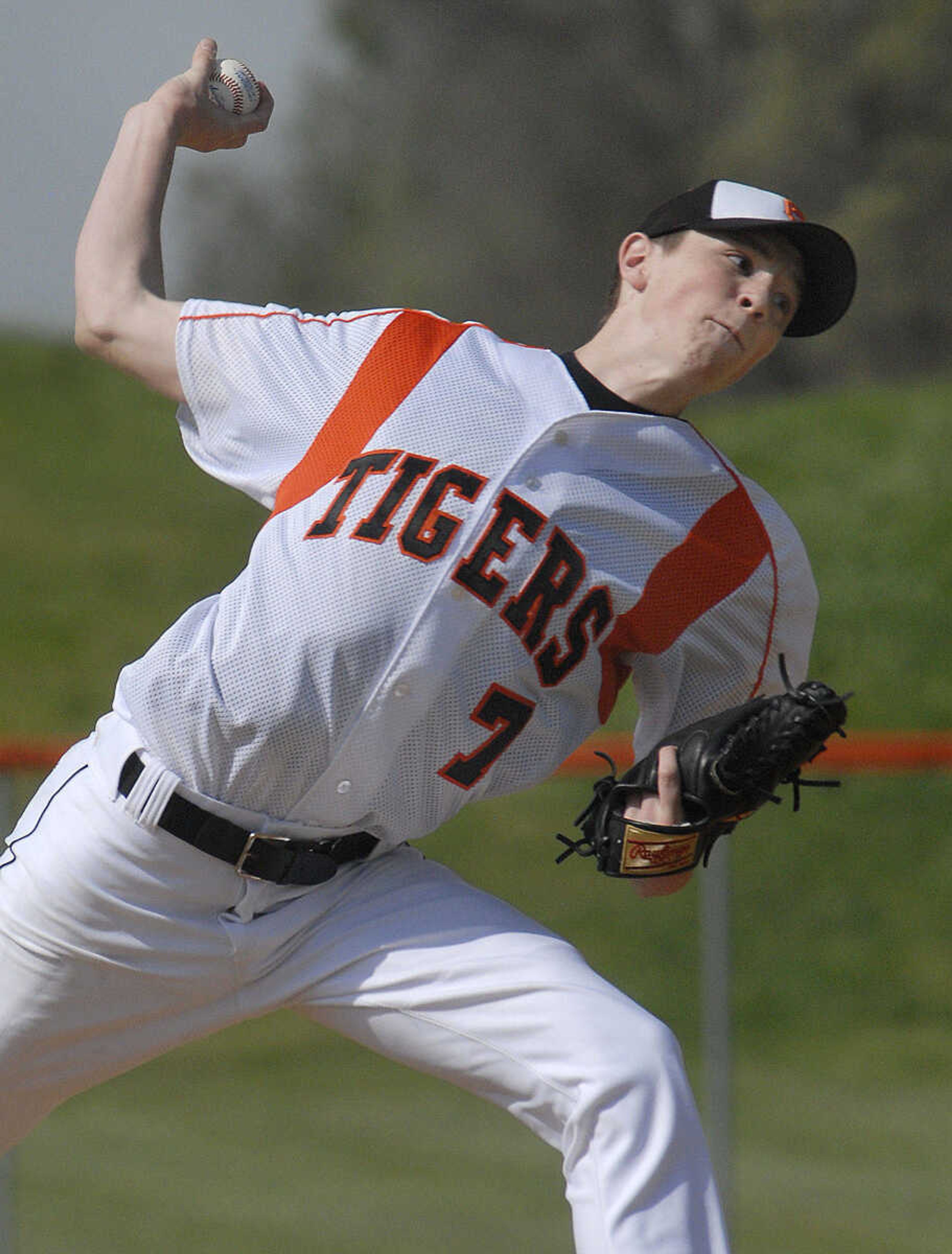 Central's Josh Meyer delivers a pitch to a Poplar Bluff batter Friday at Central High School.