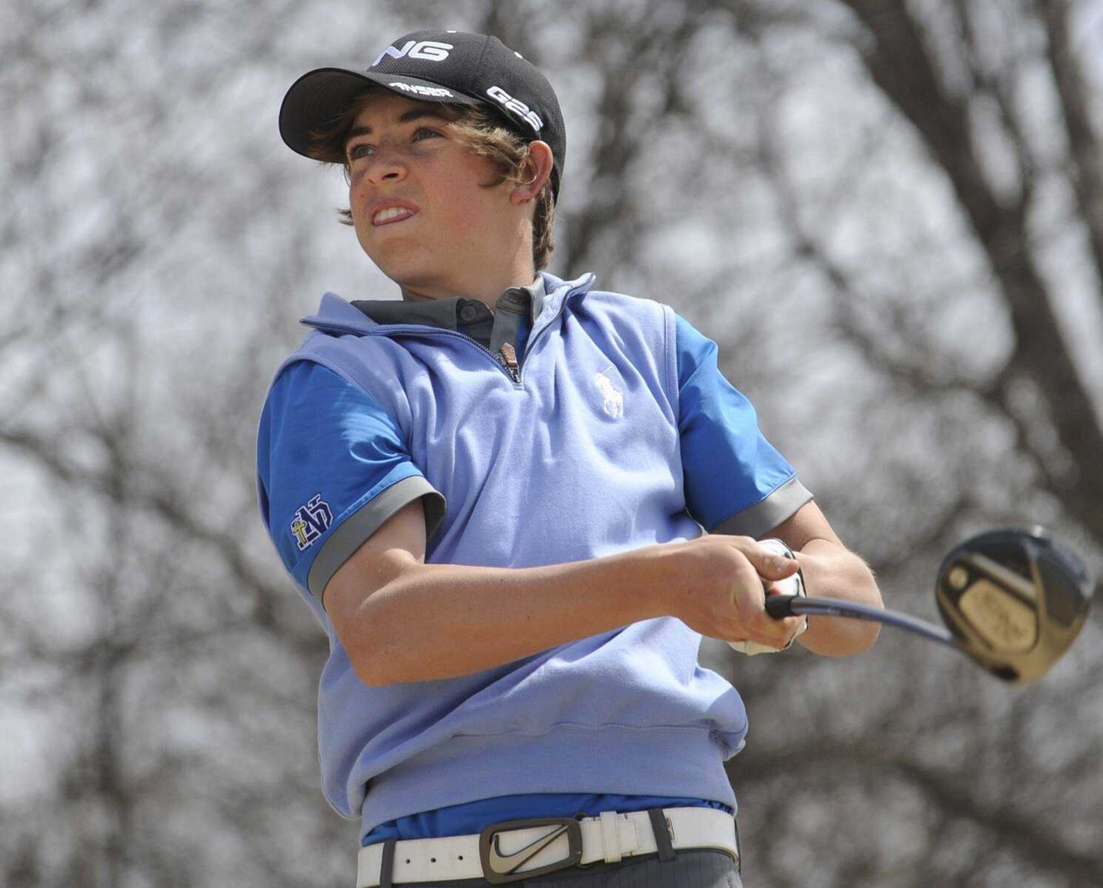 Notre Dame&#8217;s Jack Litzelfelner watches his drive on the fourth hole during the Notre Dame Invitational on Monday at Bent Creek Golf Course in Jackson. Litzelfelner tied for medalist with a 3-over-par 75. (Fred Lynch)