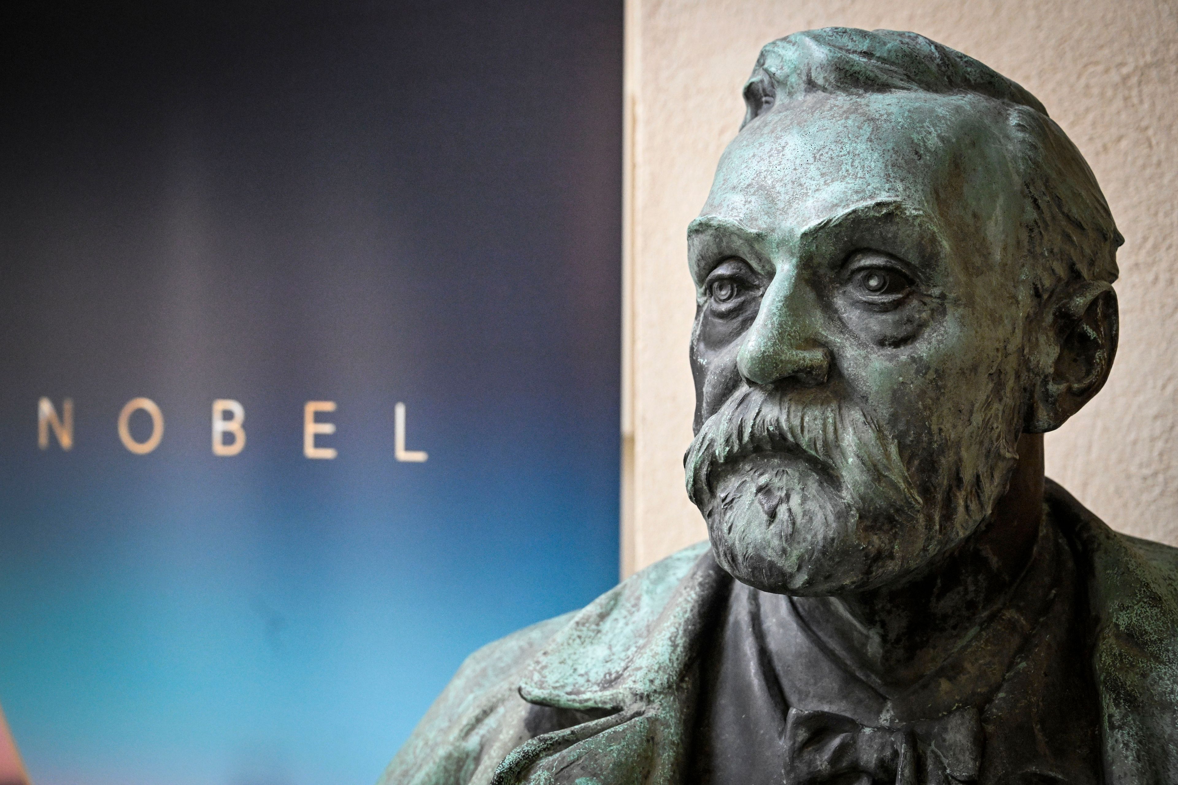 FILE - A bust of Alfred Nobel on display following a press conference at the Karolinska Institute in Stockholm, Sweden, on Monday, Oct. 3, 2022. (Henrik Montgomery/TT News Agency via AP, File)