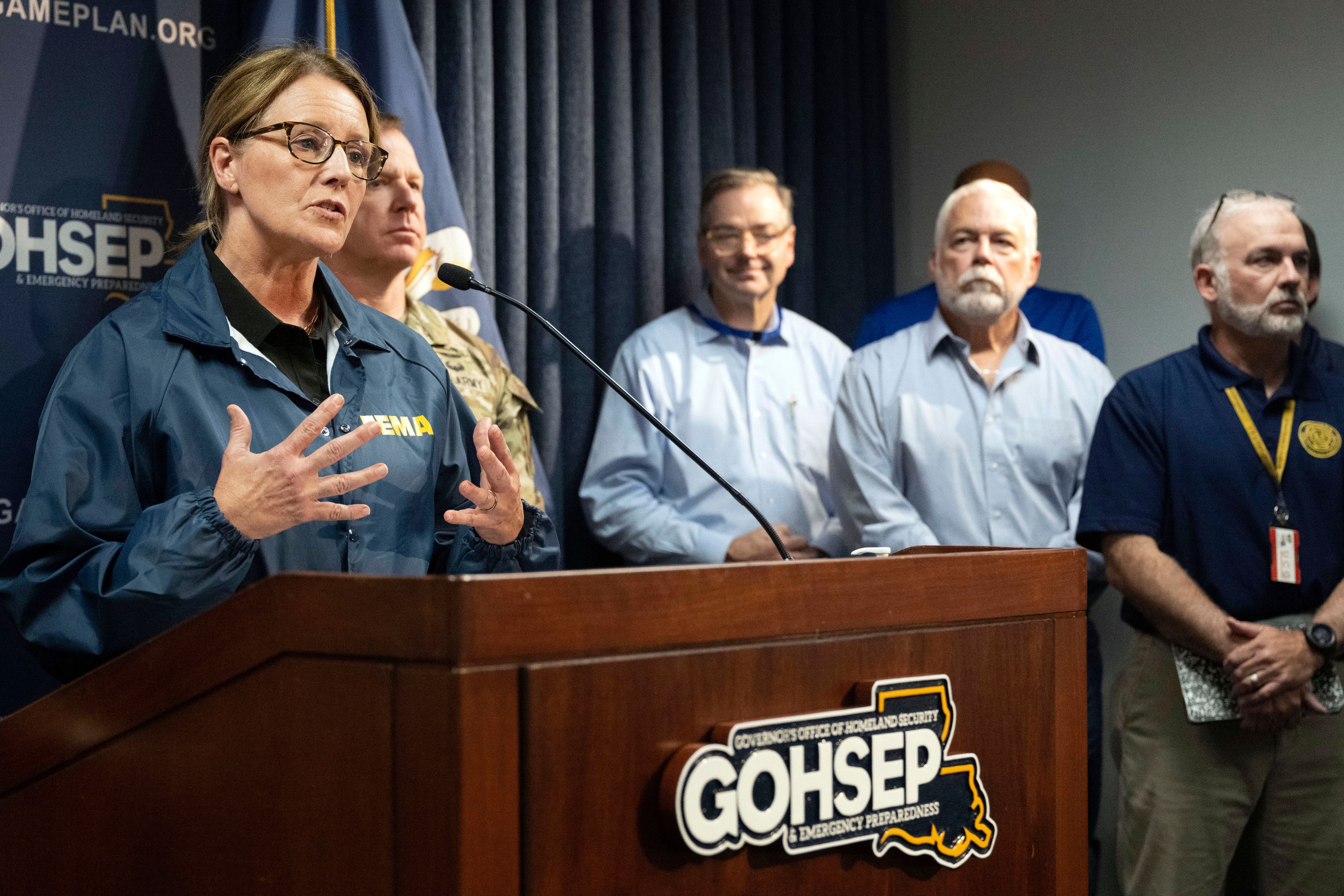 FEMA Administrator Deanne Criswell speaks during a news conference, Thursday, Sept. 12, 2024, in Baton Rouge, La., regarding the impact of Hurricane Francine on the state of Louisiana. (Hilary Scheinuk/The Advocate via AP)