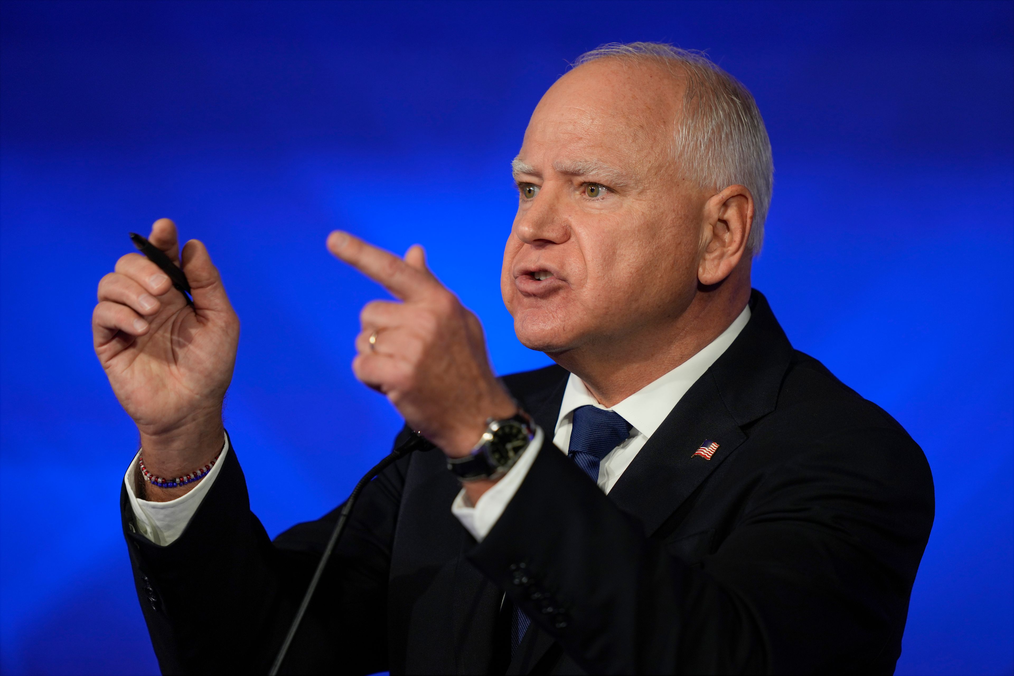 FILE - Democratic vice presidential nominee Minnesota Gov. Tim Walz speaks during a vice presidential debate hosted by CBS News, with Republican vice presidential nominee Sen. JD Vance, R-Ohio, Oct. 1, 2024, in New York. (AP Photo/Matt Rourke)