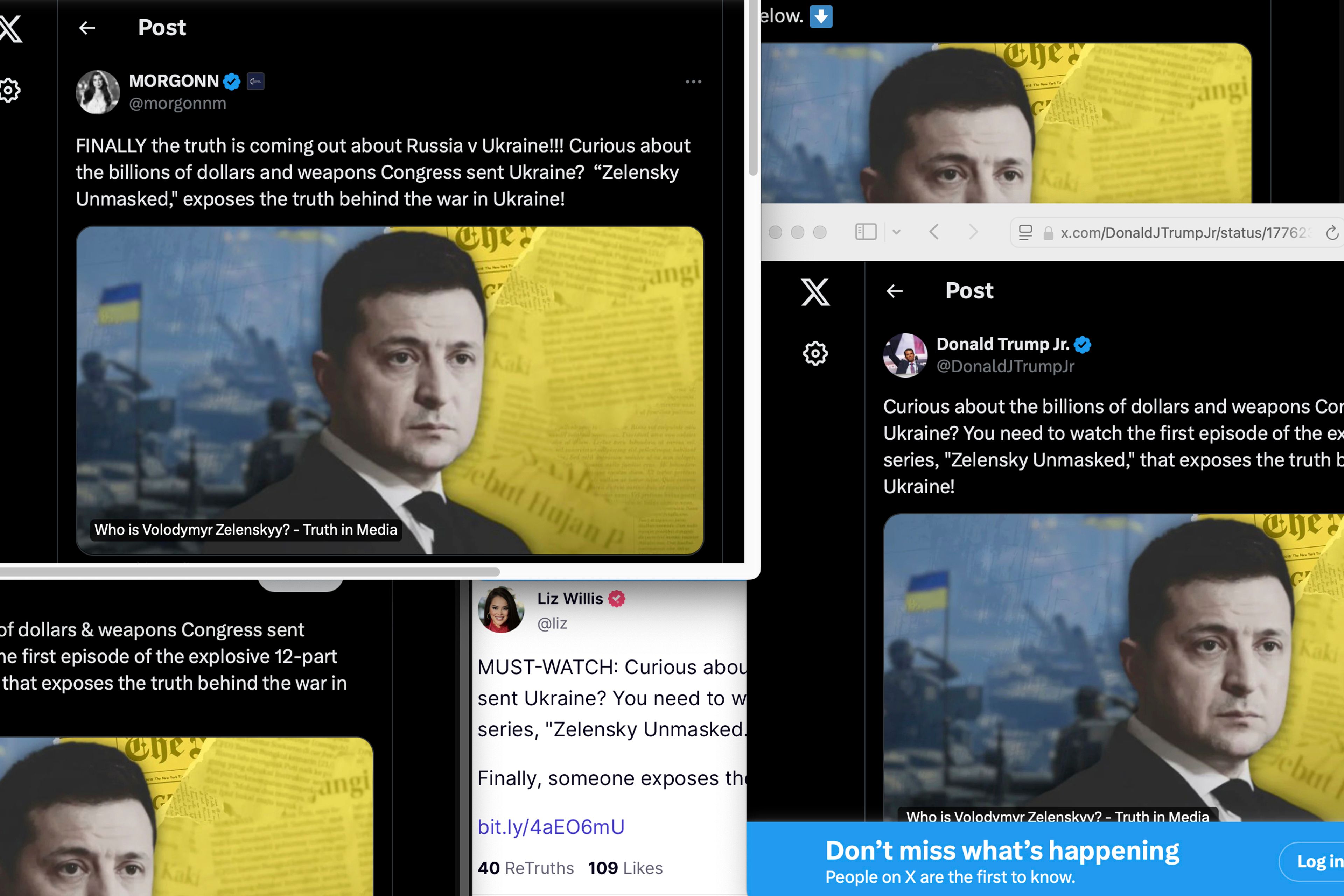 This image shows several webpages of posts on X and Truth Social from April 4-5, 2024, promoting the Ben Swann video series "Zelensky Unmasked." (AP Photo)