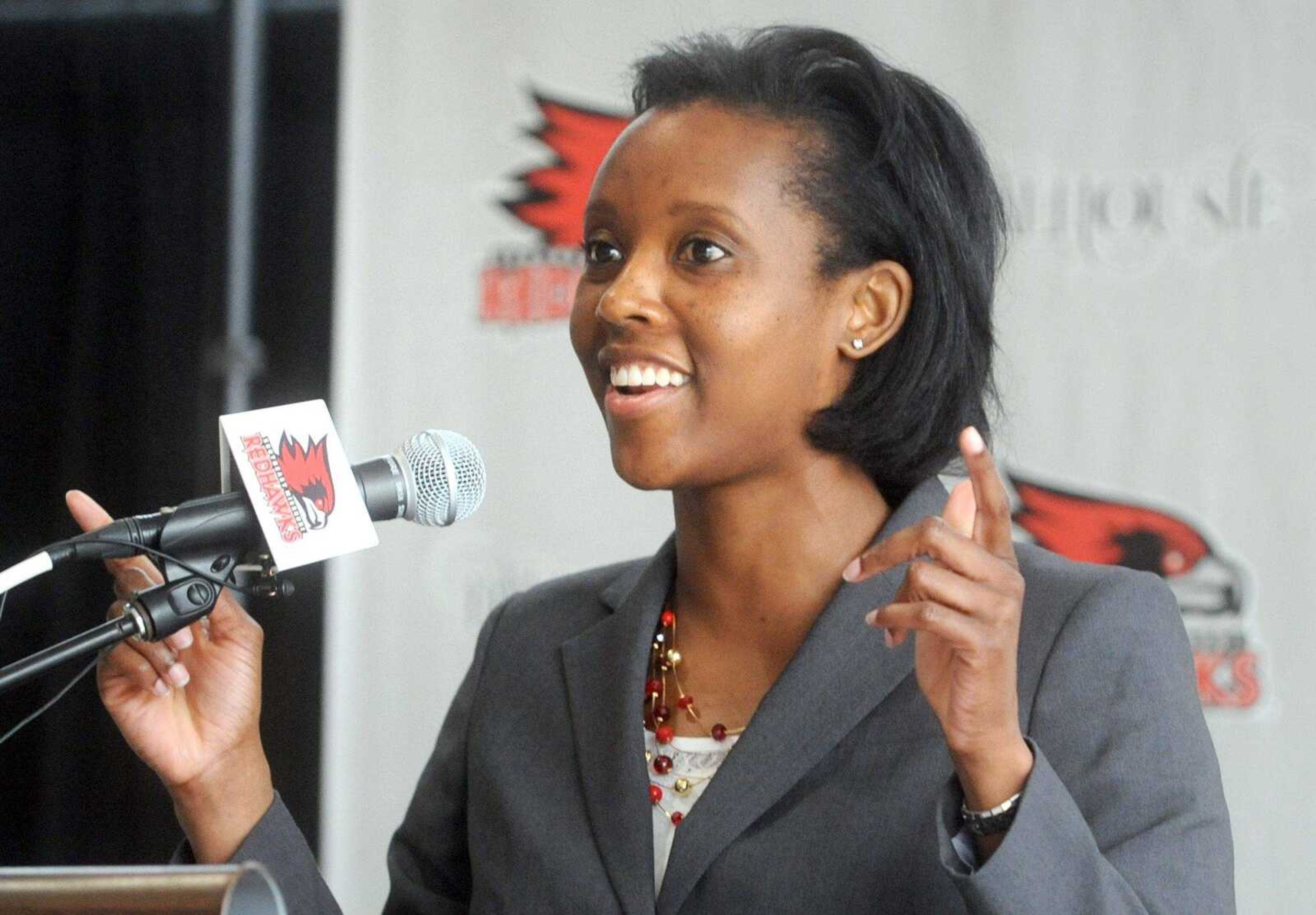 Rekha Patterson speaks during a press conference Wednesday, April 15, 2015, naming Patterson has the new head women's basketball coach at Southeast Missouri State University. (Laura Simon)