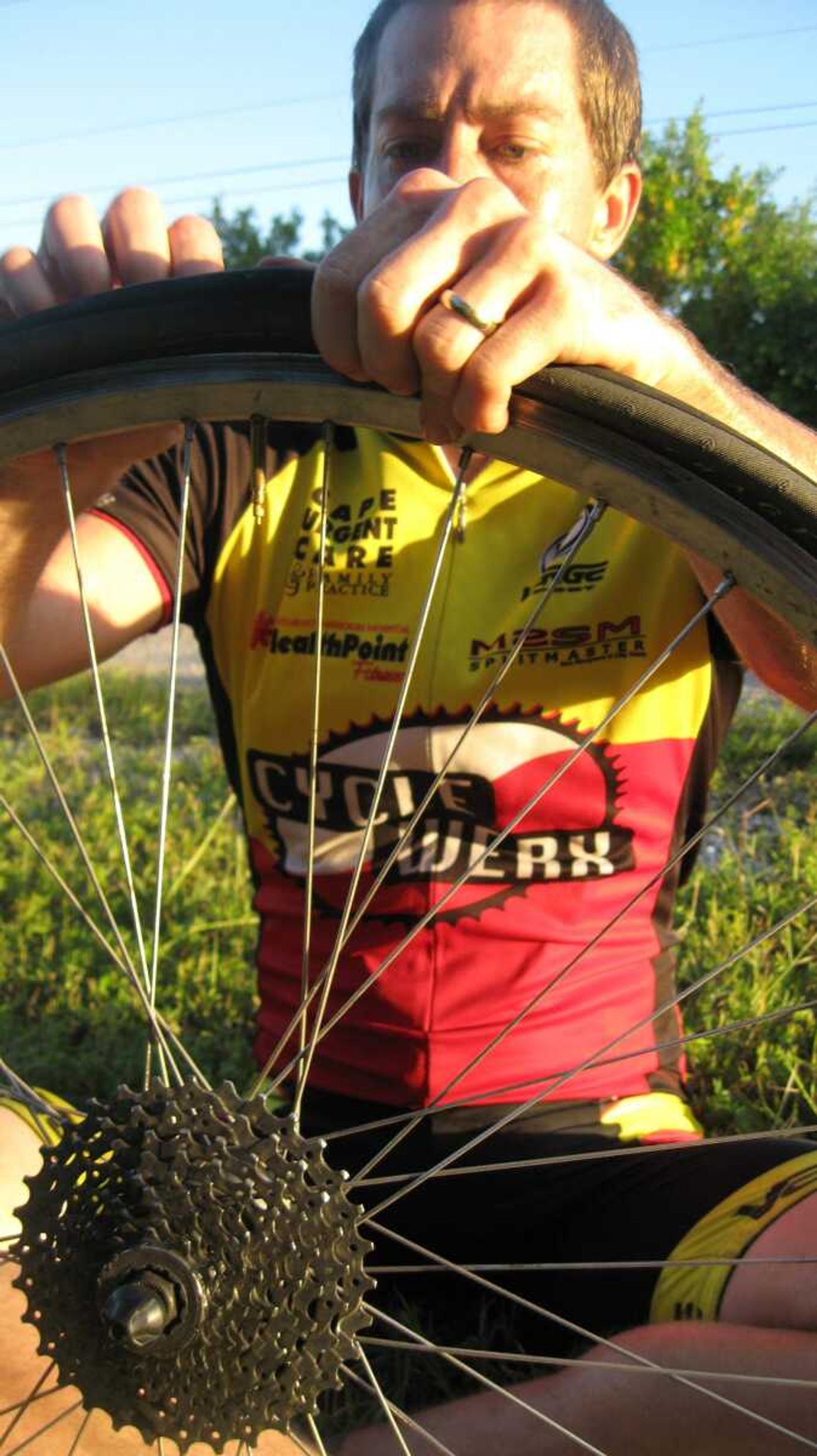 Matt Ochs, who lives in Cape Gir~ardeau, fixed a flat tire on the road to Key West. Ochs joined me on the ride from Miami to Key West.