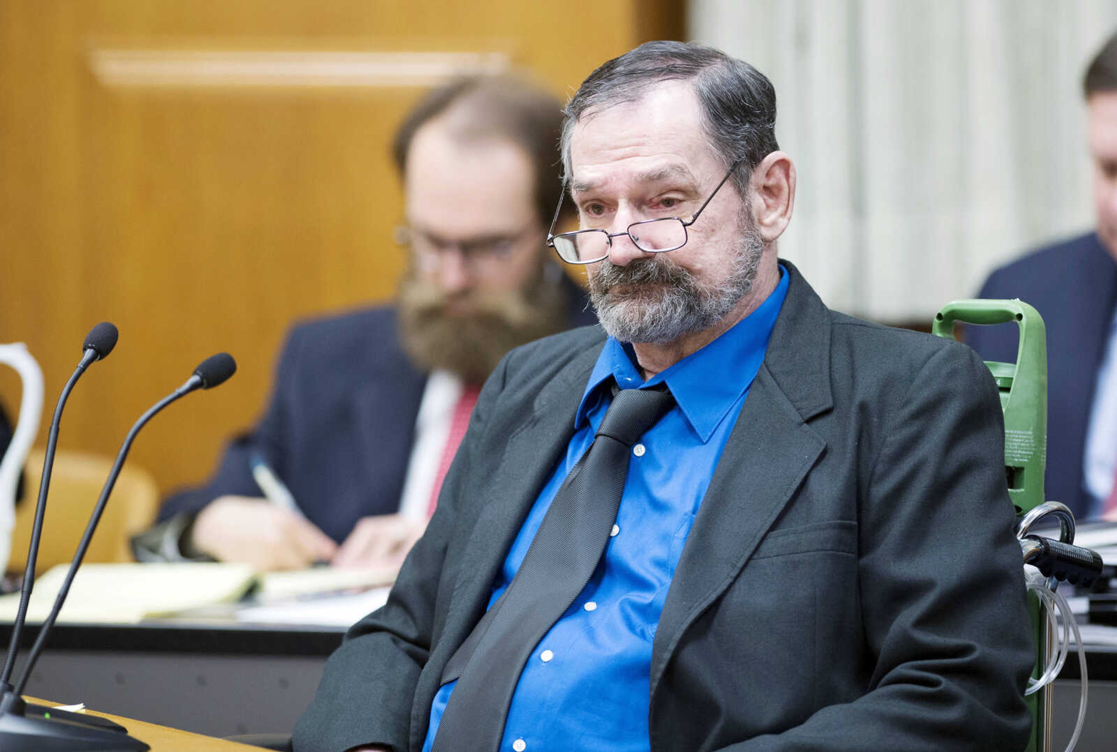 Frazier Glenn Miller Jr., who is representing himself, listens to testimony during his murder trial Tuesday at the Johnson County Court House in Olathe, Kansas. (Joe Ledford ~ The Kansas City Star via AP, pool)