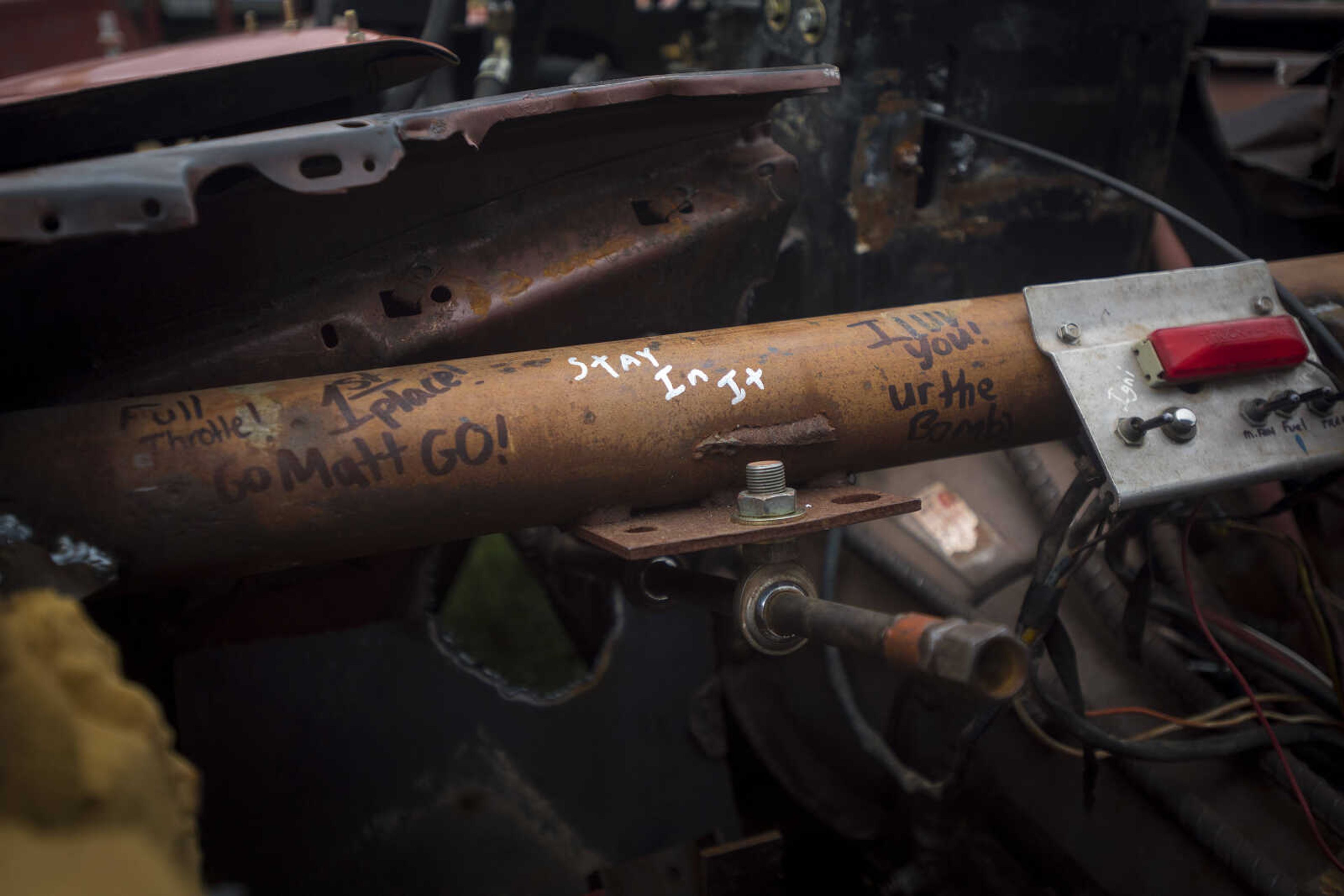 Good-luck messages are seen written inside Matt Seiler's derby car before the demolition derby Sunday.