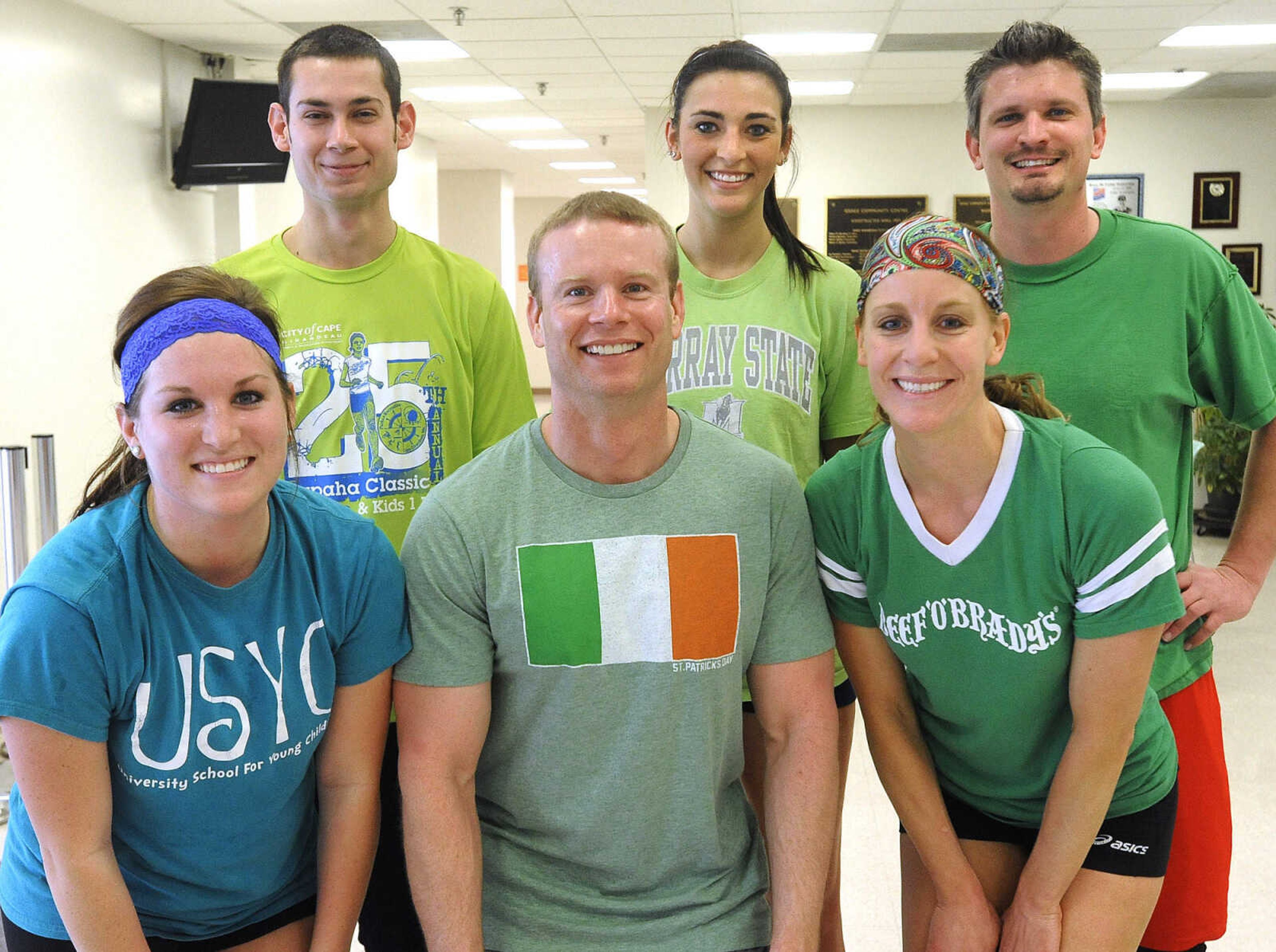 Members of Safe Sets pose for a photo, from left, front: Ashley Humphrey, Jacob Hogan, Kate Hileman; back: Cody Essner, Wendi Zickfield and J.J. Schulz at the Osage Invitational Co-ed Volleyball Tournament Sunday, March 1, 2015 at the Osage Centre.