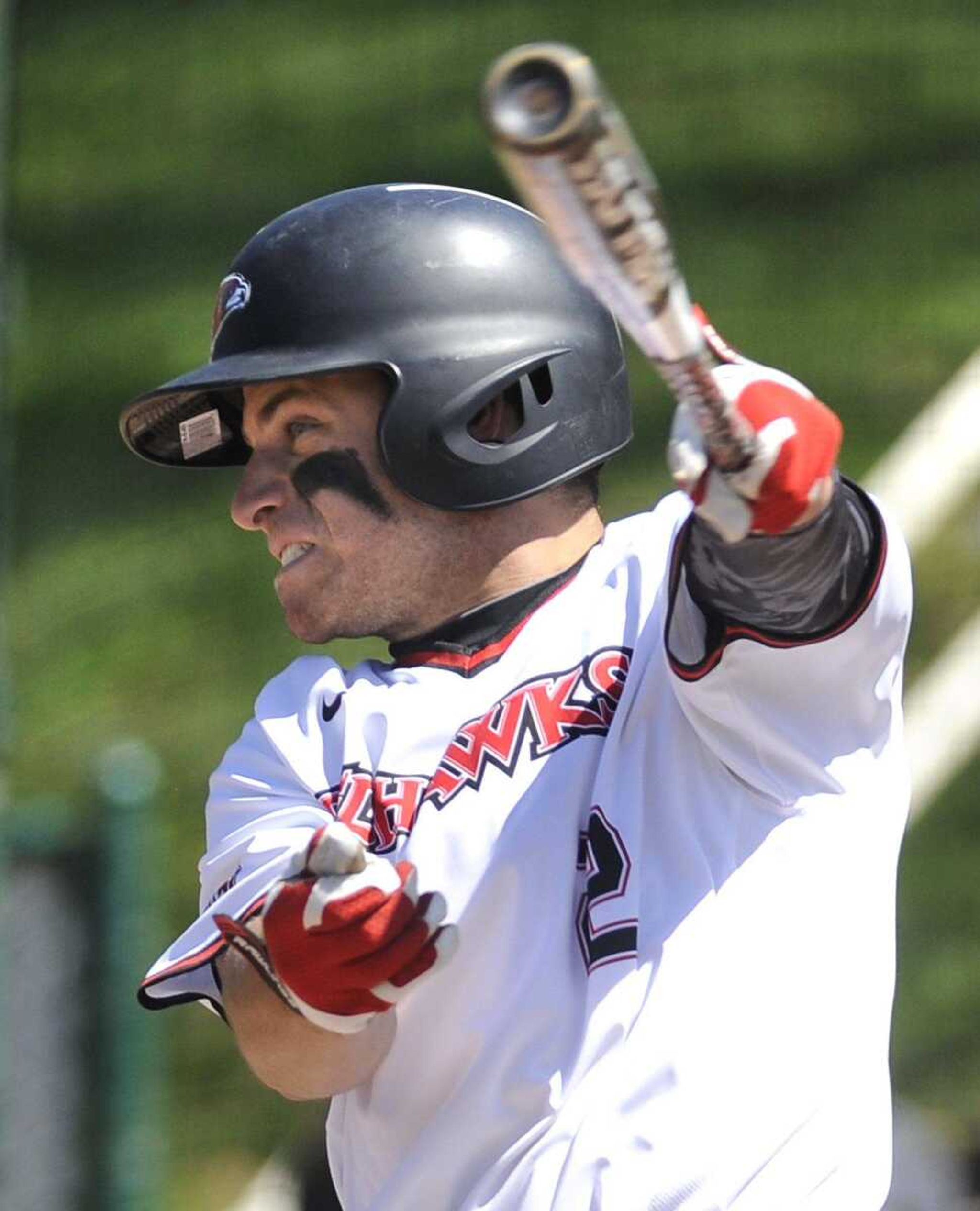 Southeast Missouri State's Chris Caffrey hits a single against SIUE that drove in Brandon Boggetto during the first inning Sunday, April 3, 2016 at Capaha Field.