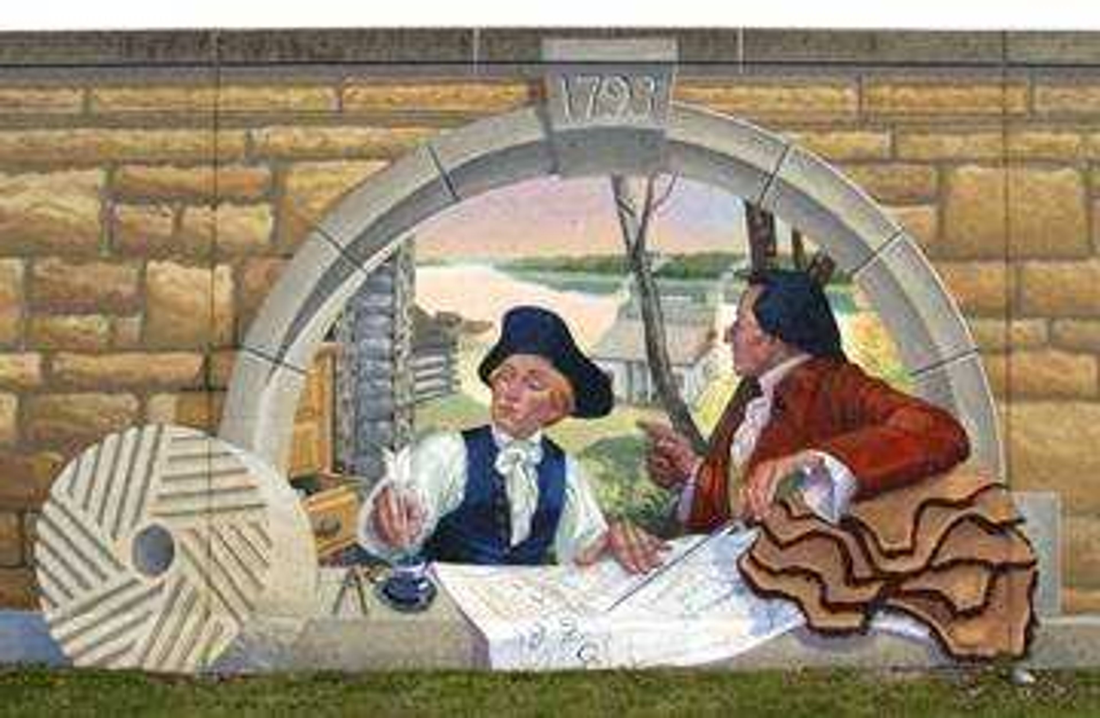 Settling the land: This mural depicts Louis Lorimier, right, and his secretary, Bartholomew Cousin, in 1793 as they talk about land grants and distribution of land. Lorimier was sent to Cape Girardeau by the Spanish government to establish a military post and was granted rights to develop and settle the land. Cousin was an engineer and surveyor who platted Cape Girardeau. The post grew under Lorimier, and in 1806 he donated four acres to establish a seat of justice. Two years later, Cape Girardeau became a city. In the back of the mural is Lorimier's house, now known as the Red House.