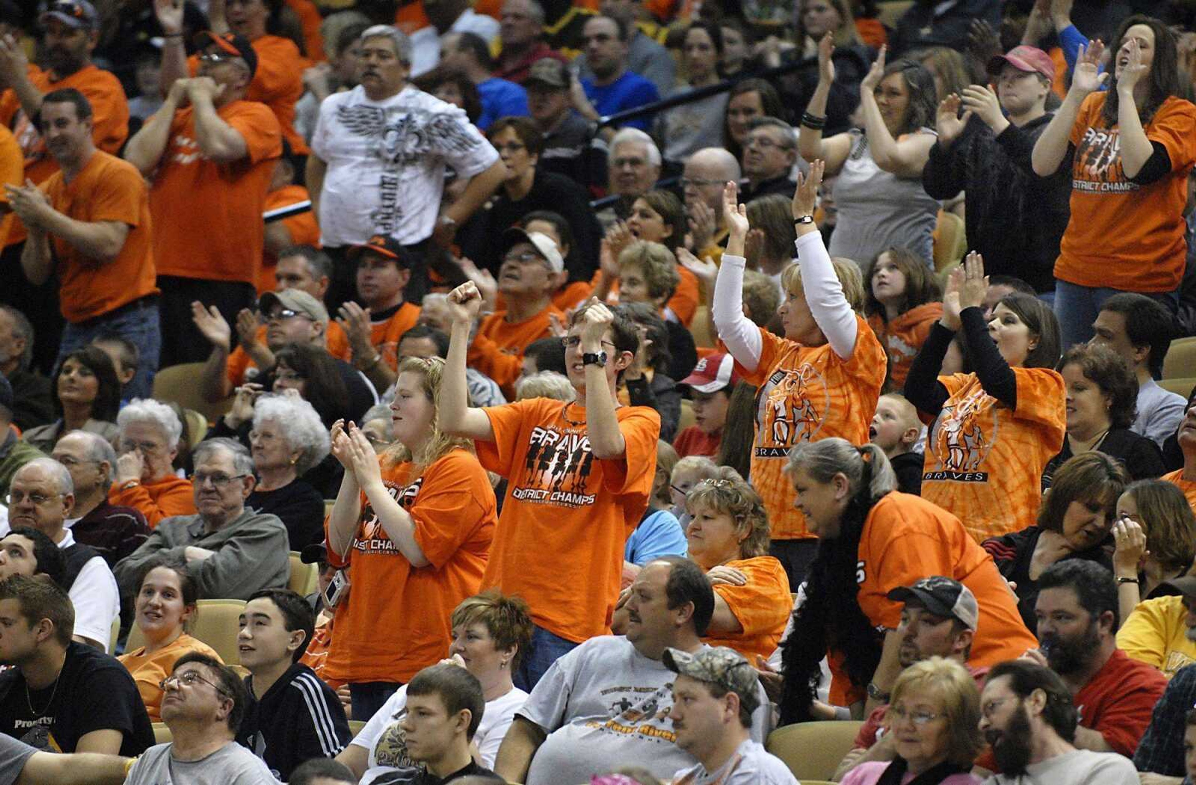 Scott County Central fans cheer during the second quarter of the Class 1 championship game Saturday at Mizzou Arena in Columbia, Mo. Scott County Central won 69-54.