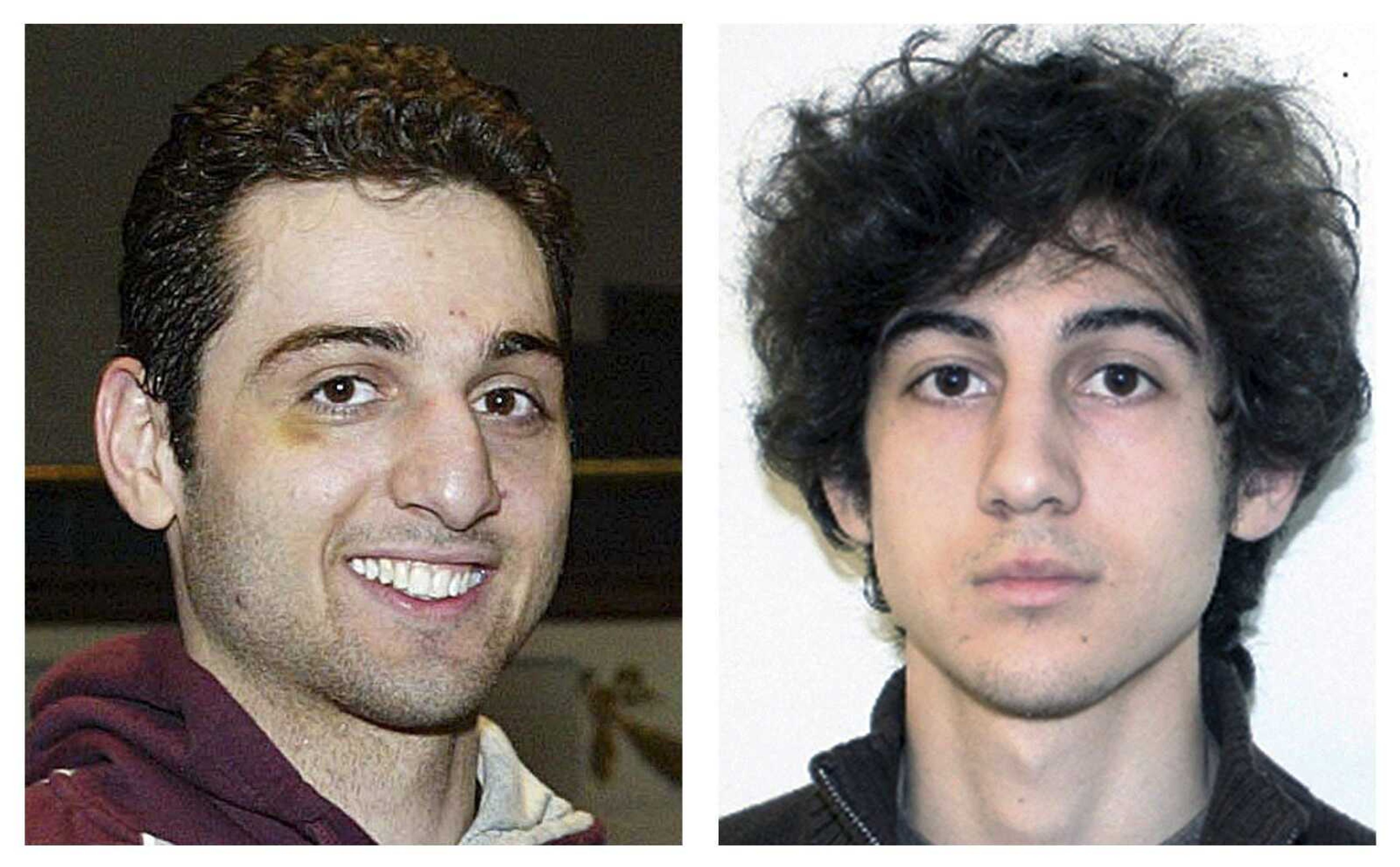 FILE - This combination of file photos shows brothers Tamerlan, left, and Dzhokhar Tsarnaev, suspects in the Boston Marathon bombings on April 15, 2013. Tamerlan Tsarnaev died after a gunfight with police several days later, and Dzhokhar Tsarnaev, was captured and is held in a federal prison on charges of using a weapon of mass destruction. A year after the bombings, prosecutors said they have a trove of evidence to use against Dzhokhar Tsarnaev, including surveillance video showing him placing one of the bombs just yards from Martin Richard, the 8-year-old boy who died in the blast. (AP Photos/Lowell Sun and FBI, File)