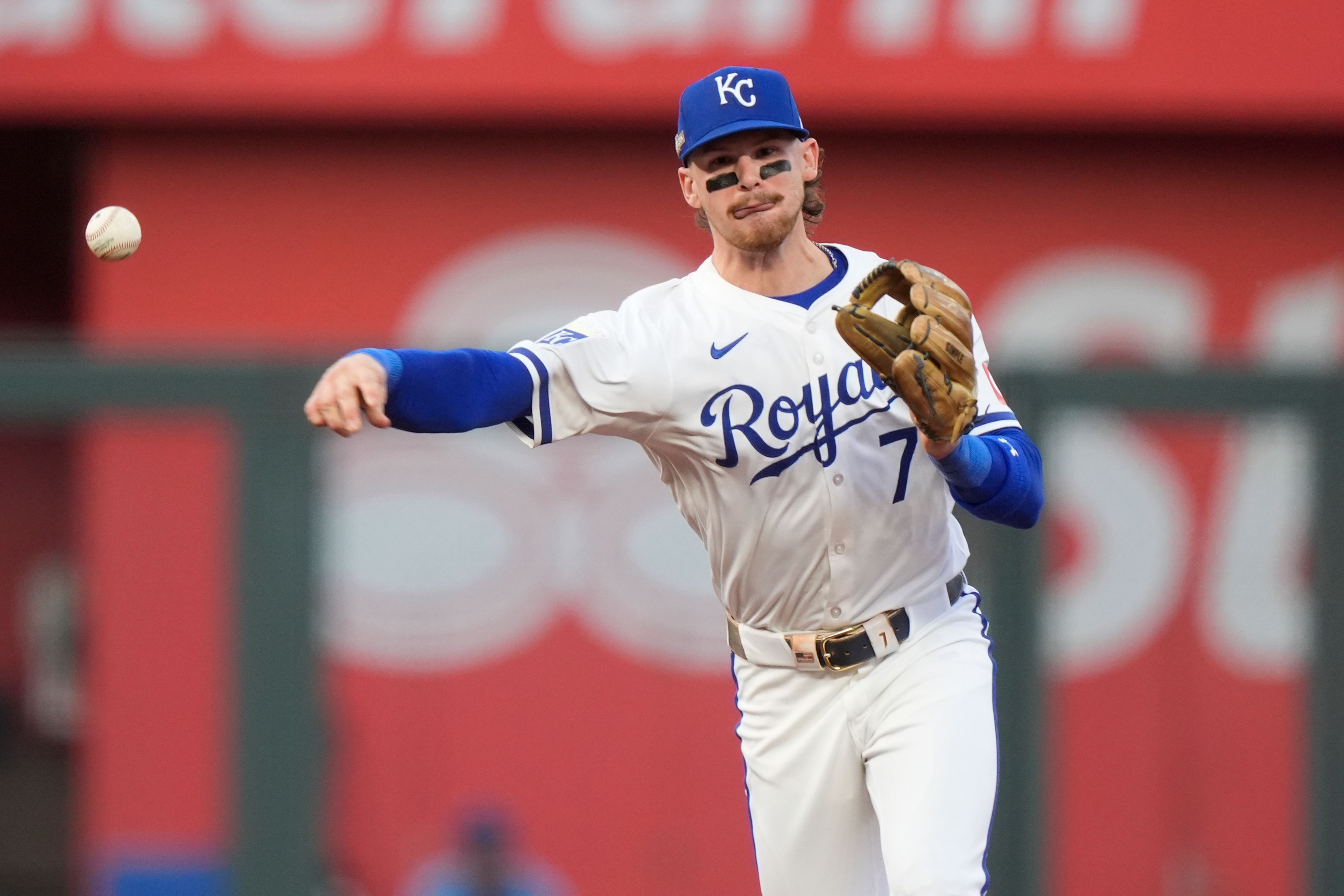 FILE - Kansas City Royals shortstop Bobby Witt Jr. throws out New York Yankees' Gleyber Torres at first during the first inning in Game 3 of an American League Division baseball playoff series, Oct. 9, 2024, in Kansas City, Mo. (AP Photo/Charlie Riedel, File)