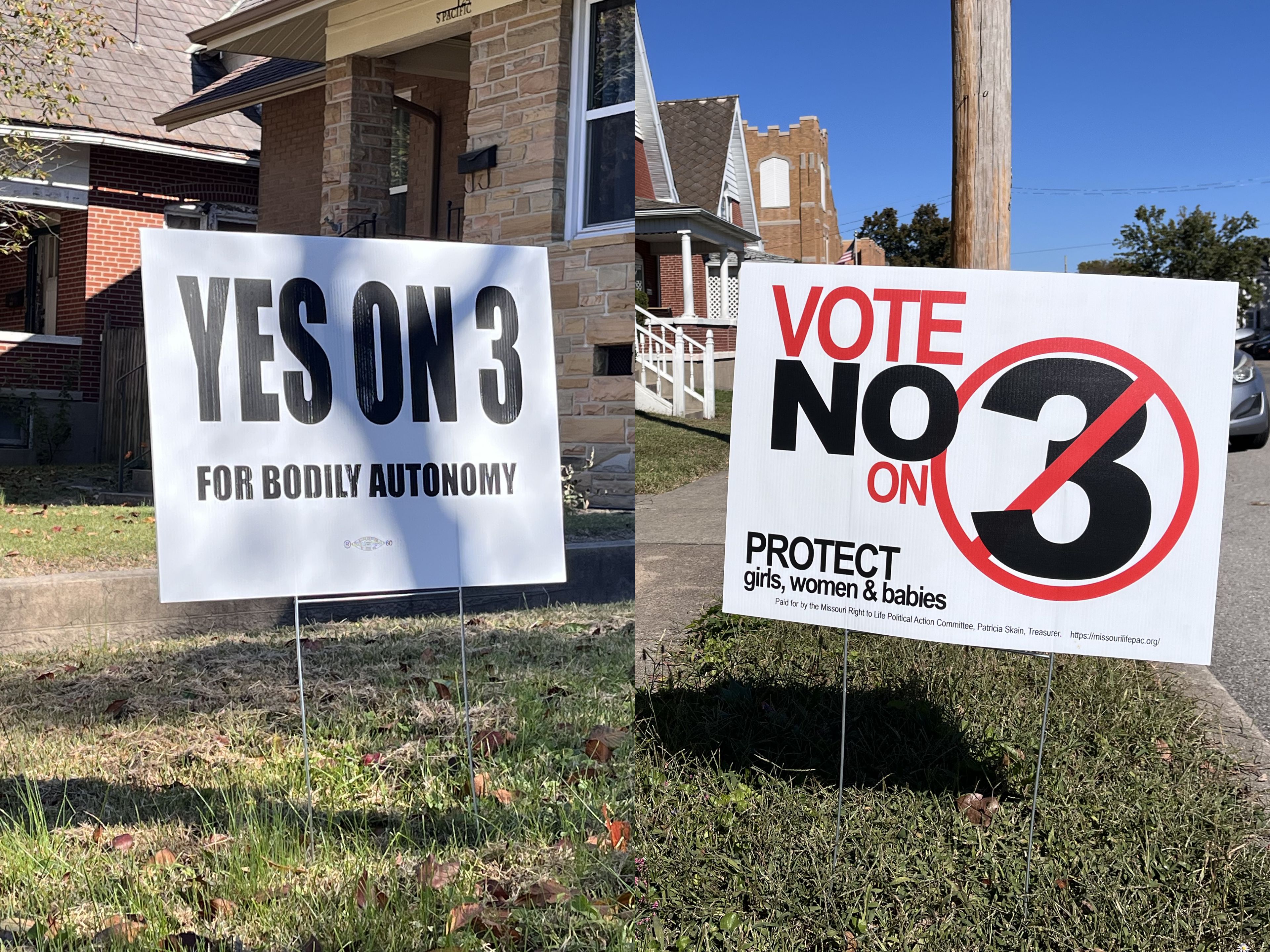 This combination image shows two yard signs on display in Cape Girardeau expressing support and opposition to Amendment 3 ahead of the Tuesday, Nov. 5, general election. Two yard signs on display in Cape Girardeau express support and opposition to Amendment 3 ahead of the Tuesday, Nov. 5, general election. 