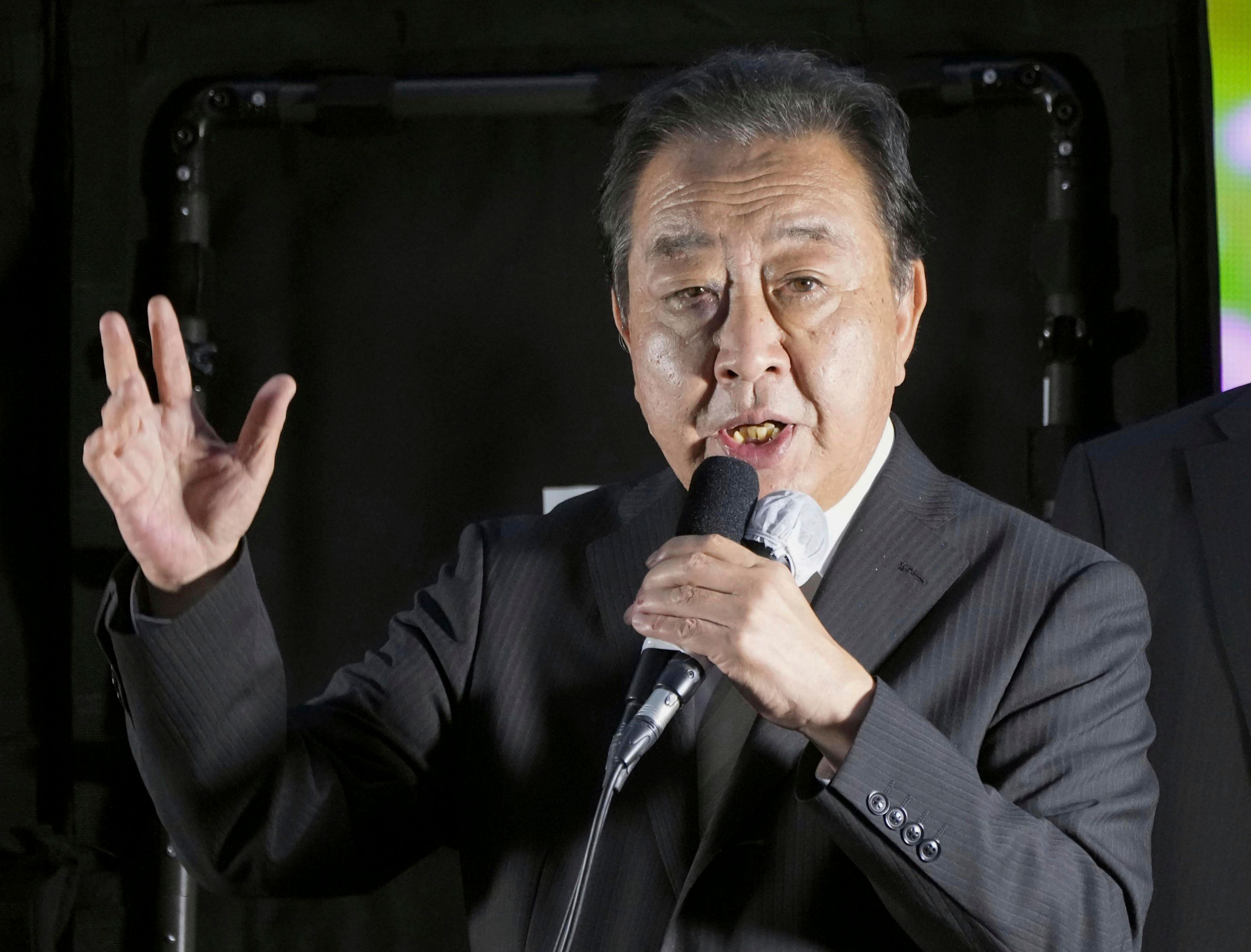 Leader of opposition Constitutional Democratic Party of Japan, Yoshihiko Noda speaks during a campaigning for a parliamentary election in Tokyo, Japan, Saturday, Oct. 26, 2024. (Kyodo News via AP)