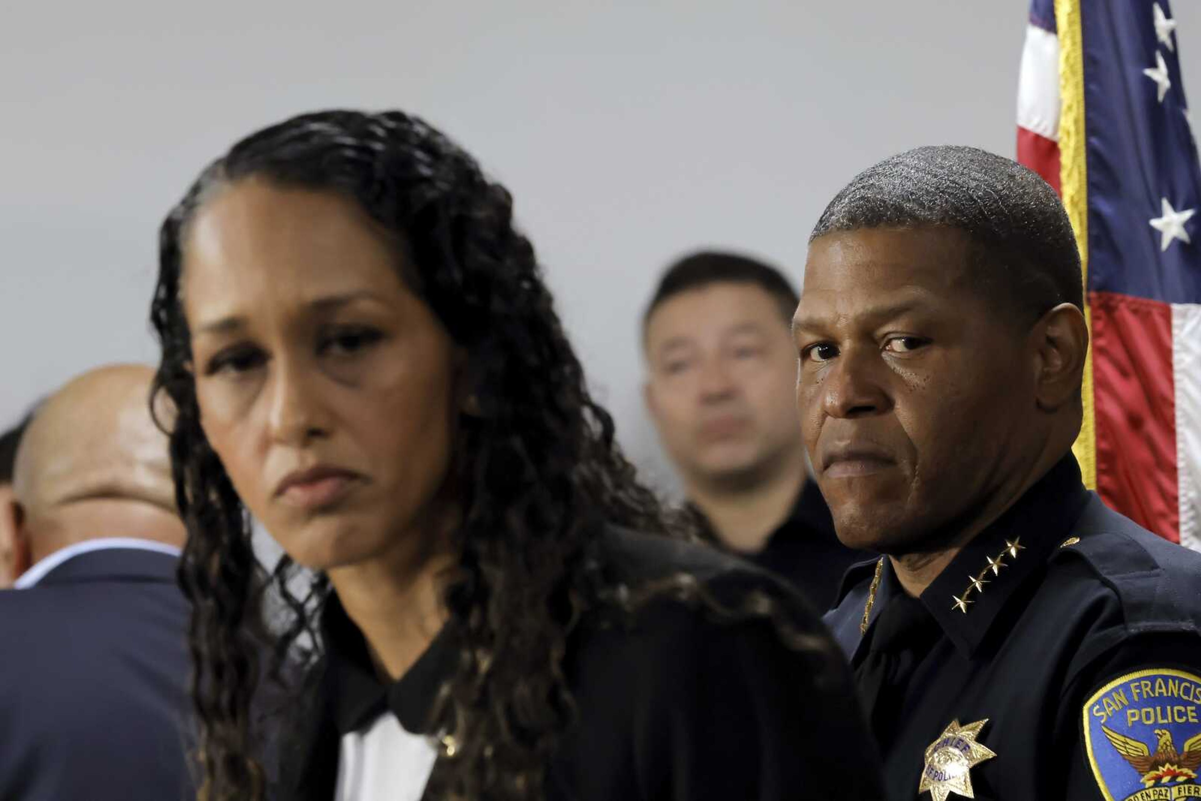 San Francisco District Attorney Brooke Jenkins, left, announces the charges against David DePape during a news conference with San Francisco Police Department Chief Bill Scott, right, on Monday in San Francisco. DePape is accused of attacking House Speaker Nancy Pelosi's husband, Paul, with a hammer.