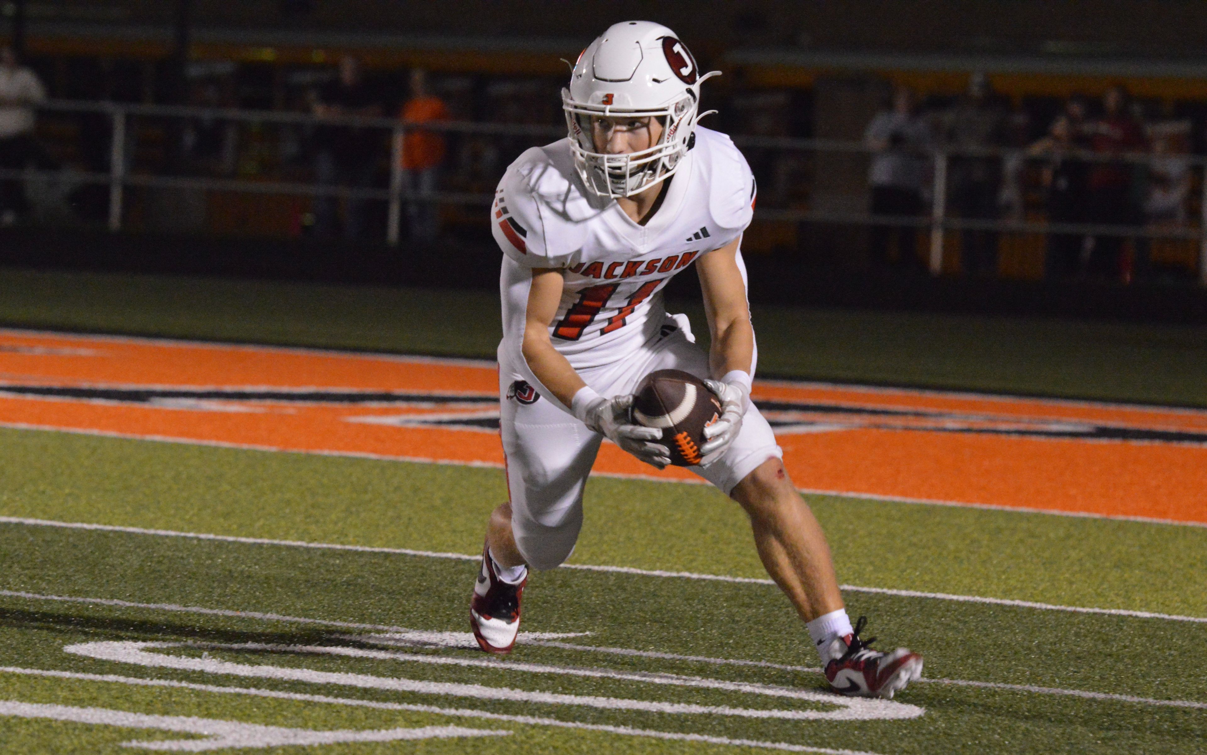 Jackson sophomore Evan Turley retrieves the kickoff against Cape Central on Friday, Oct. 4.