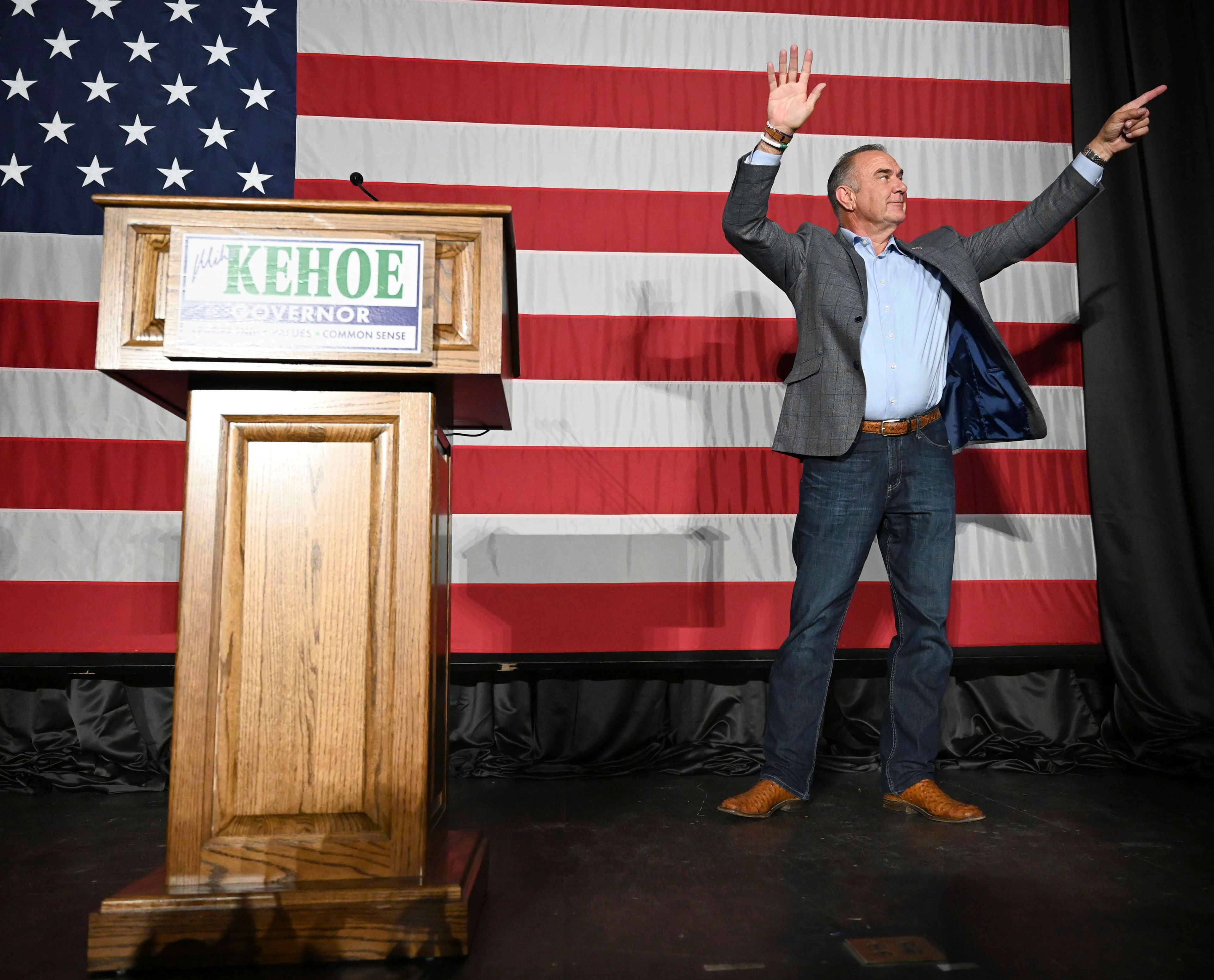 Republican Governor-elect Mike Kehoe takes the stage before his acceptance speech on election night Tuesday, Nov. 5, 2024, at the Capital Bluffs Event Center in Jefferson City, Mo. (Bailey Stover/Missourian via AP)