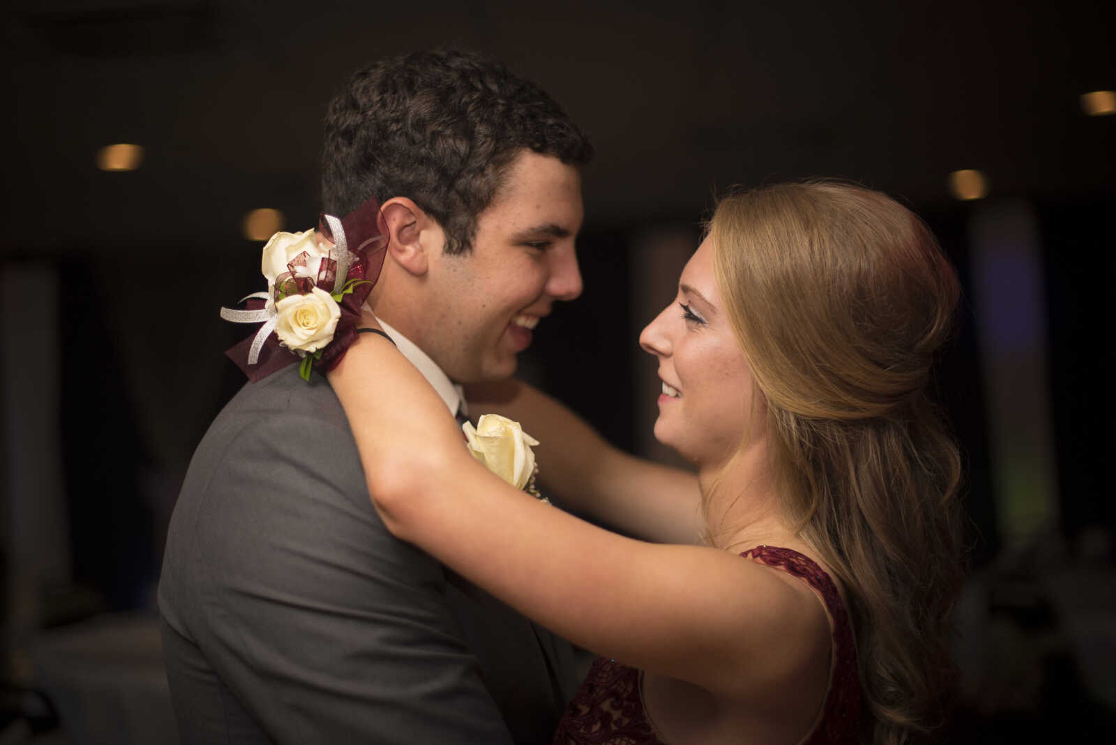 Gavin Brown and Laura Mueller dance during the Saxony Lutheran prom Saturday, April 22, 2017 at the Elk's Lodge in Cape Girardeau.