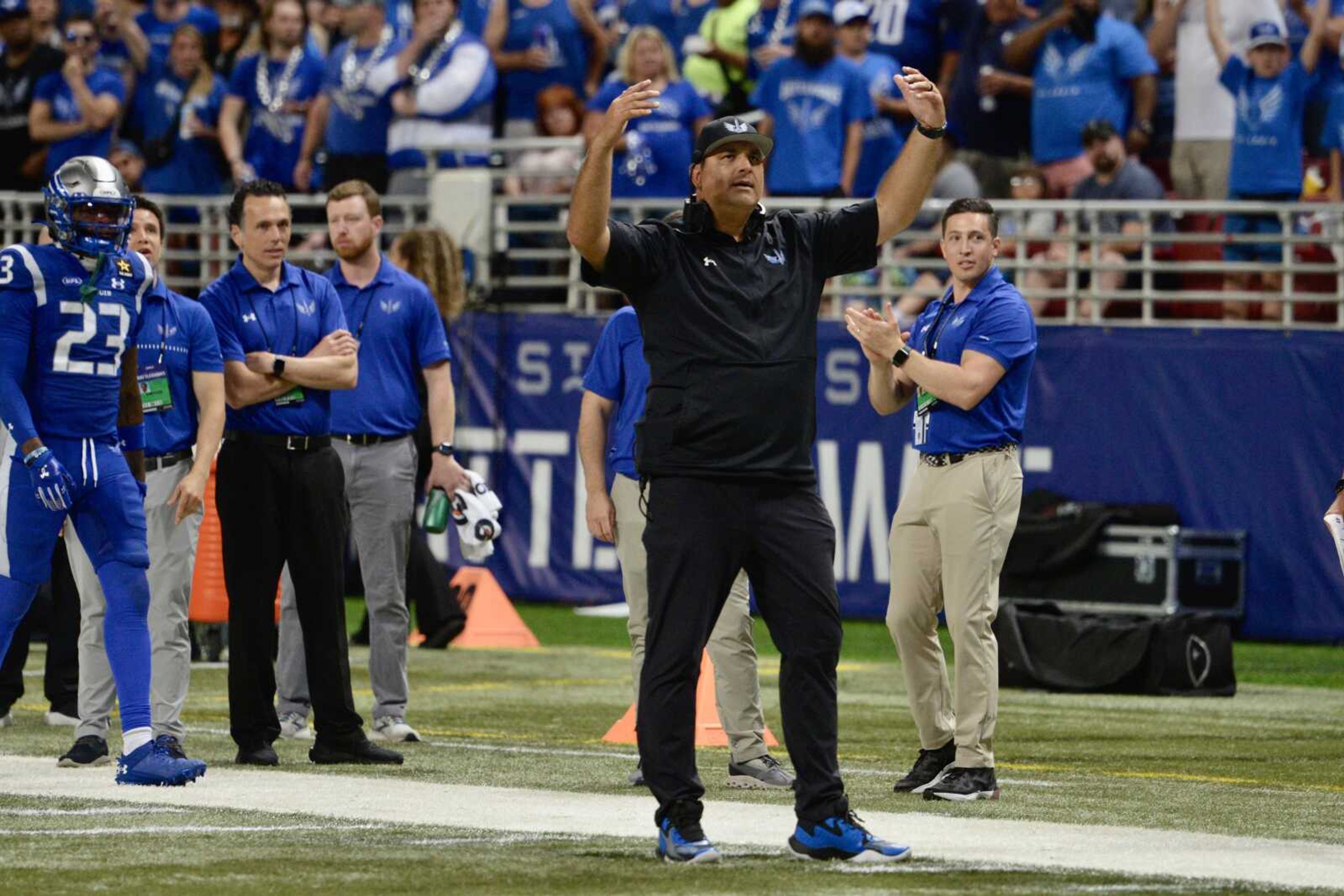 St. Louis Battlehawks head coach Anthony Becht reacts to a call during a XFL Conference Championship game against the San Antonio Brahmas on Sunday, June 9, in St. Louis. 