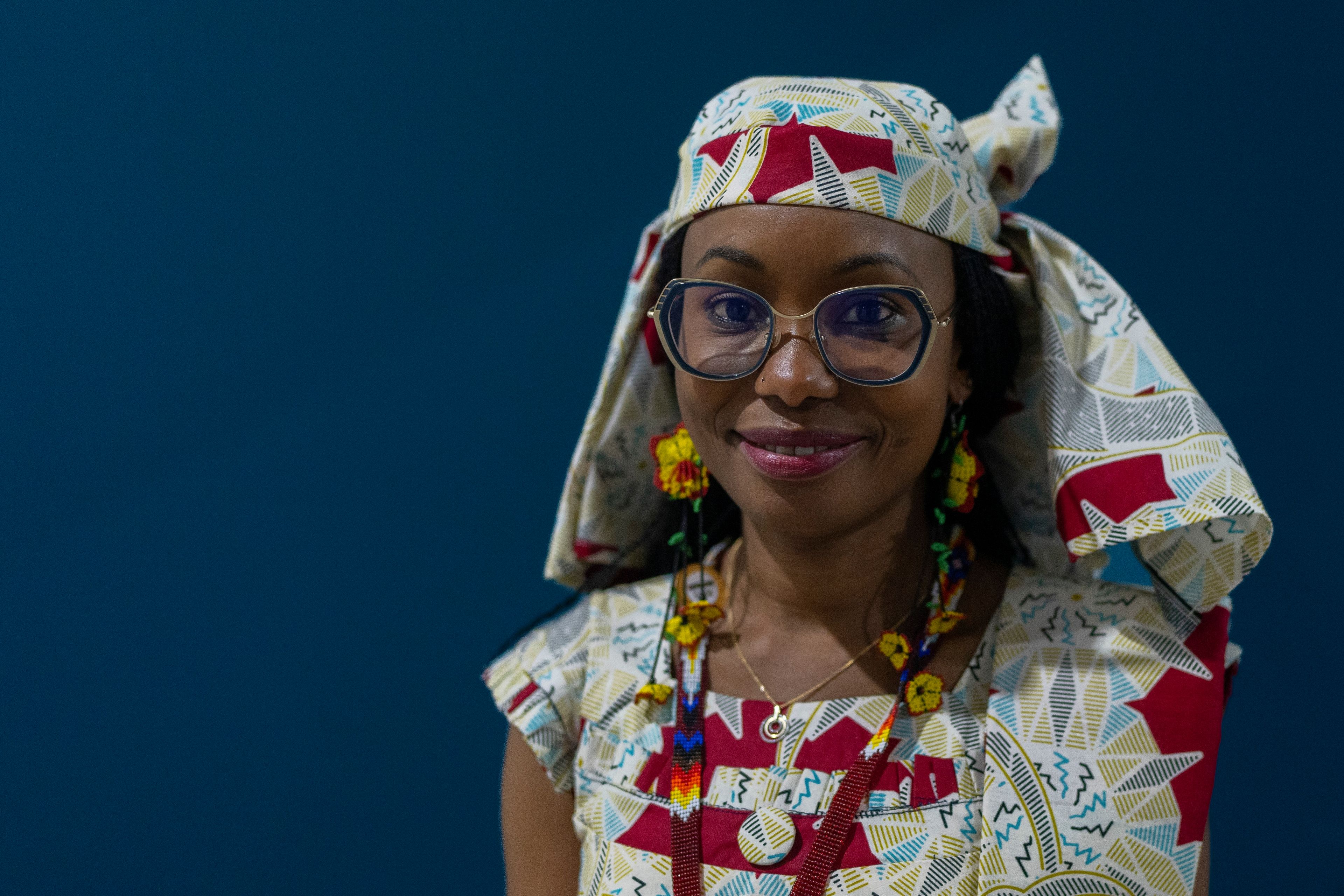 Hindou Oumarou Ibrahim, 41, of N'Djamena, Chad, from the Mbororo community, poses for a photo during the COP29 U.N. Climate Summit, Thursday, Nov. 14, 2024, in Baku, Azerbaijan. (AP Photo/Rafiq Maqbool)