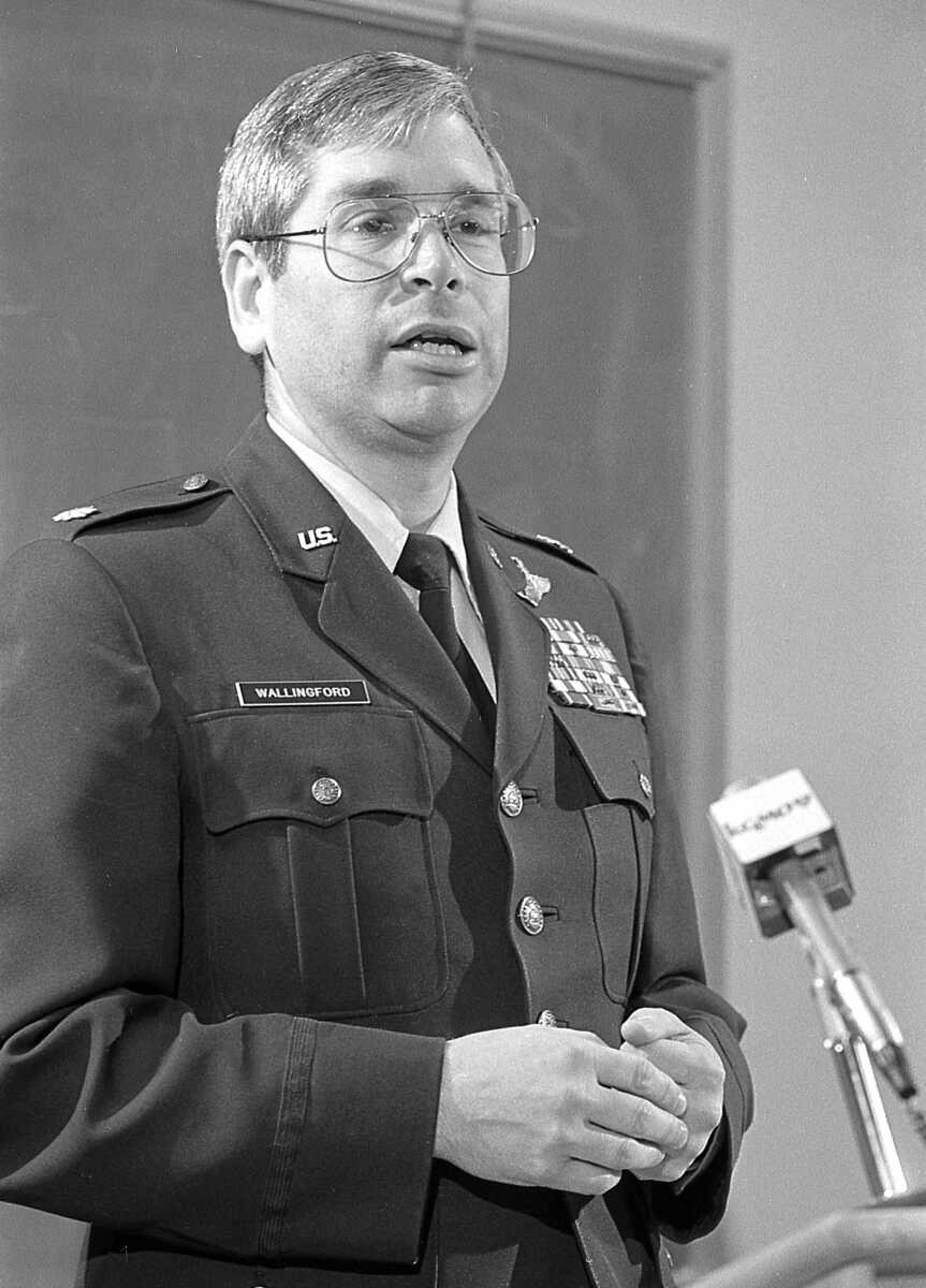 Lt. Col. Wayne Wallingford, commander of the Air Force Reserve Officer Training Corps unit at Southeast Missouri State University, speaks at a news conference in 1988. Wallingford served in the U.S. Air Force for 25 years, retiring at the rank of lieutenant colonel.