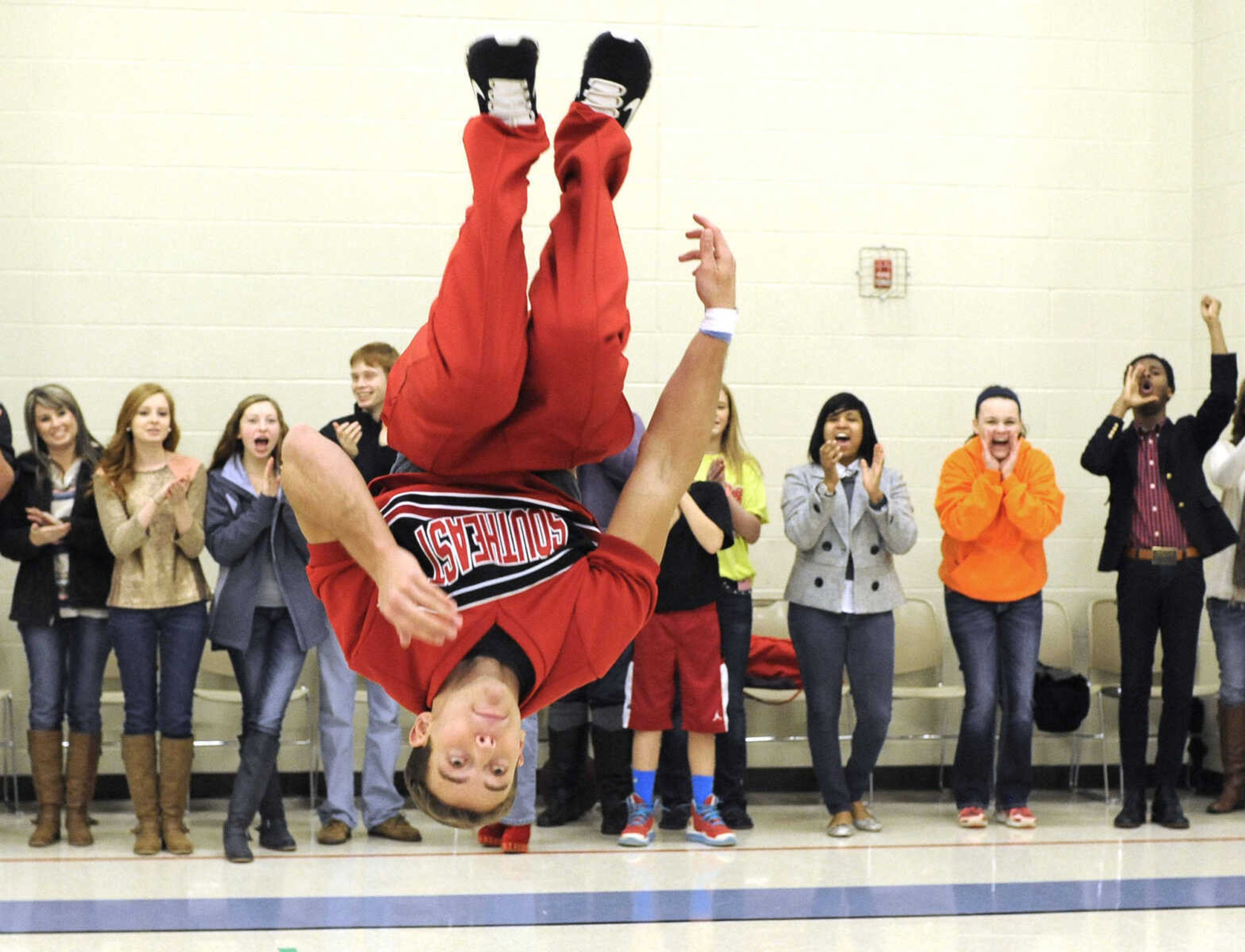 FRED LYNCH ~ flynch@semissourian.com
Adam Rookard portrays a cheerleader during the filming for the movie, "Love Chronicles (of the Cape)" on Sunday, Jan. 11, 2015 at Shawnee Park Center in Cape Girardeau.