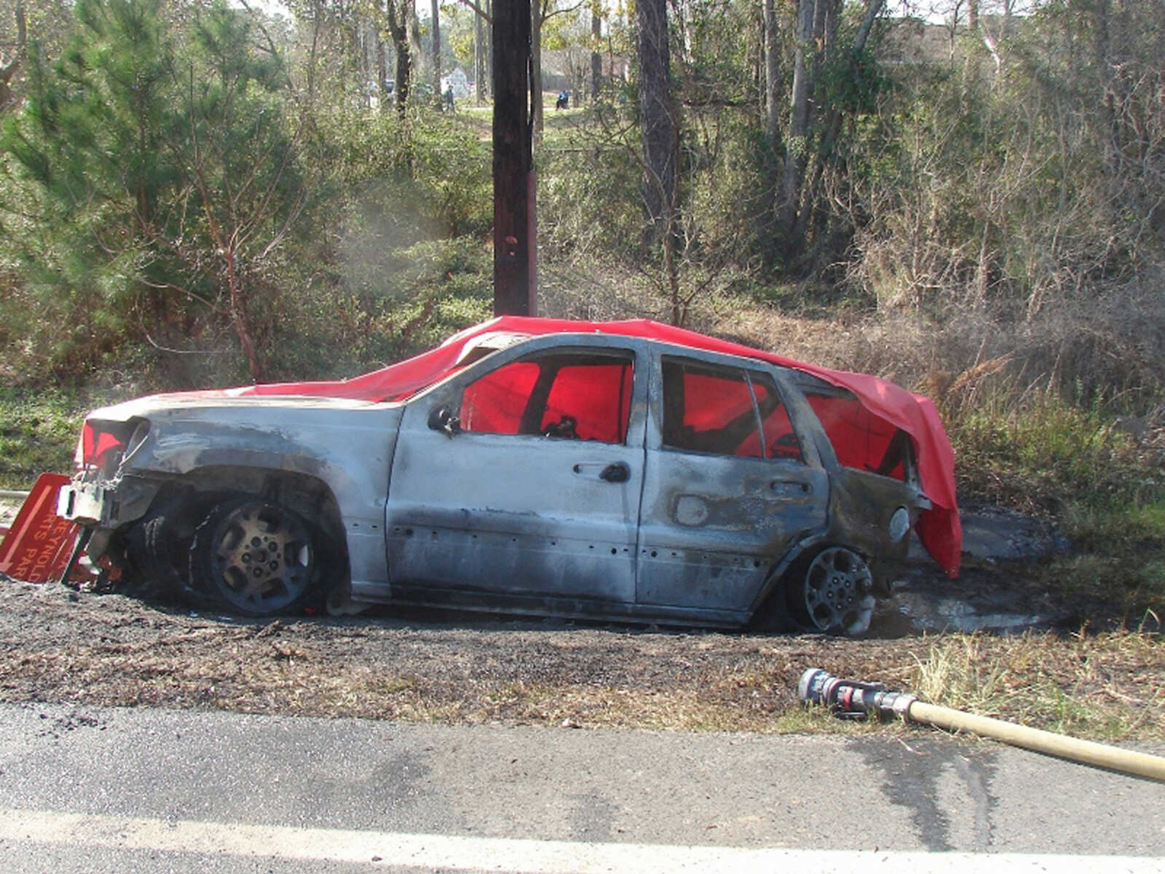 The scene of a crash is seen March 6, 2012, in Bainbridge, Georgia. On April 2, a Georgia jury awarded $150 million to the family of Remington "Remi" Walden, a 4-year-old boy killed when a Jeep Grand Cherokee exploded into flames three years ago after being rear-ended. (Courtesy of Butler, Wooten & Fryhofer LLP)