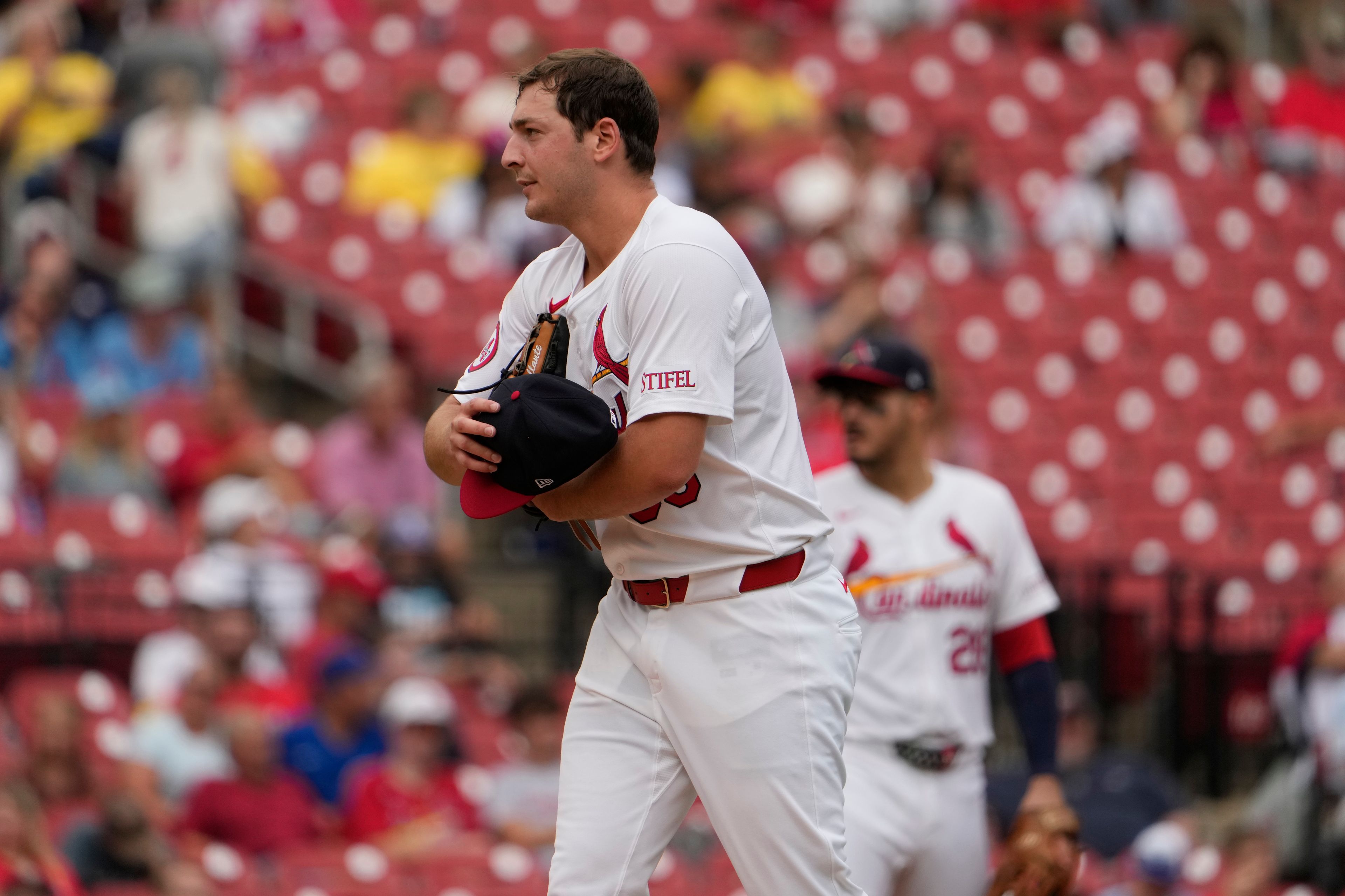 St. Louis Cardinals starting pitcher Andre Pallante pauses after giving up a single to Cleveland Guardians' Myles Straw during the sixth inning of a baseball game Sunday, Sept. 22, 2024, in St. Louis. (AP Photo/Jeff Roberson)