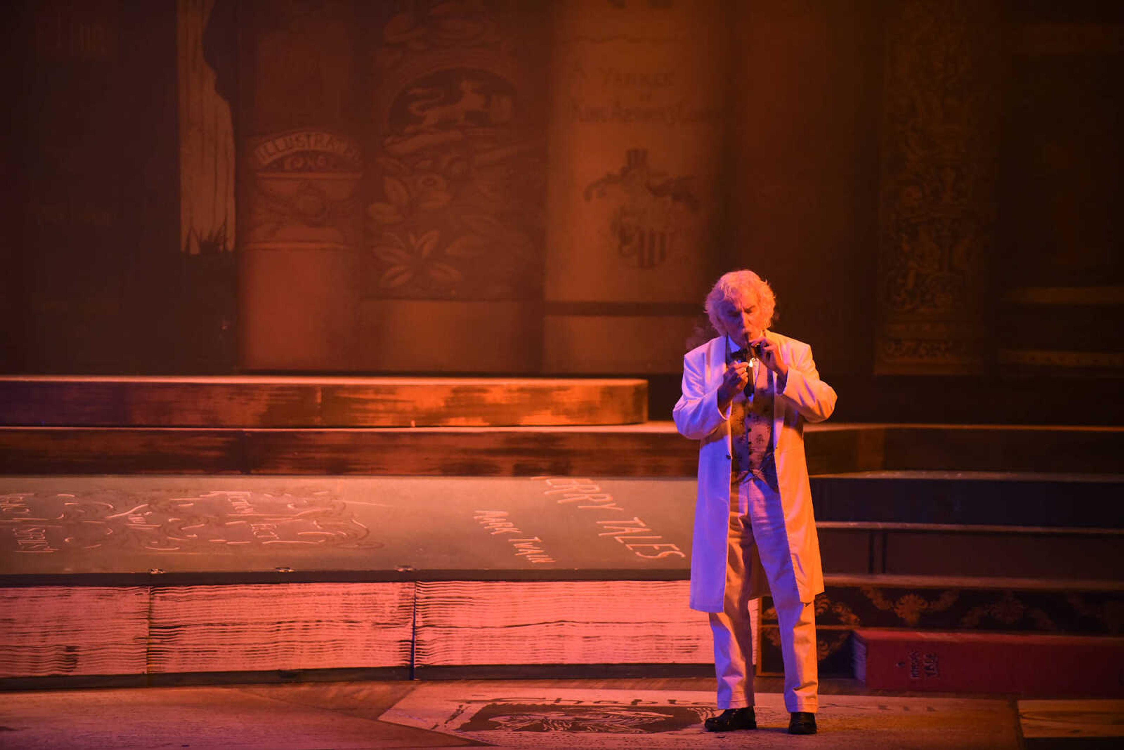 Mark Twain, portrayed by Lester Goodin, mulls about the stage during The Conservatory of Theatre and Dance's production of "Big River: The Adventures of Huckleberry Finn" on Wednesday, Feb. 22, 2017, at Southeast Missouri State University's River Campus. The show runs through Sunday.