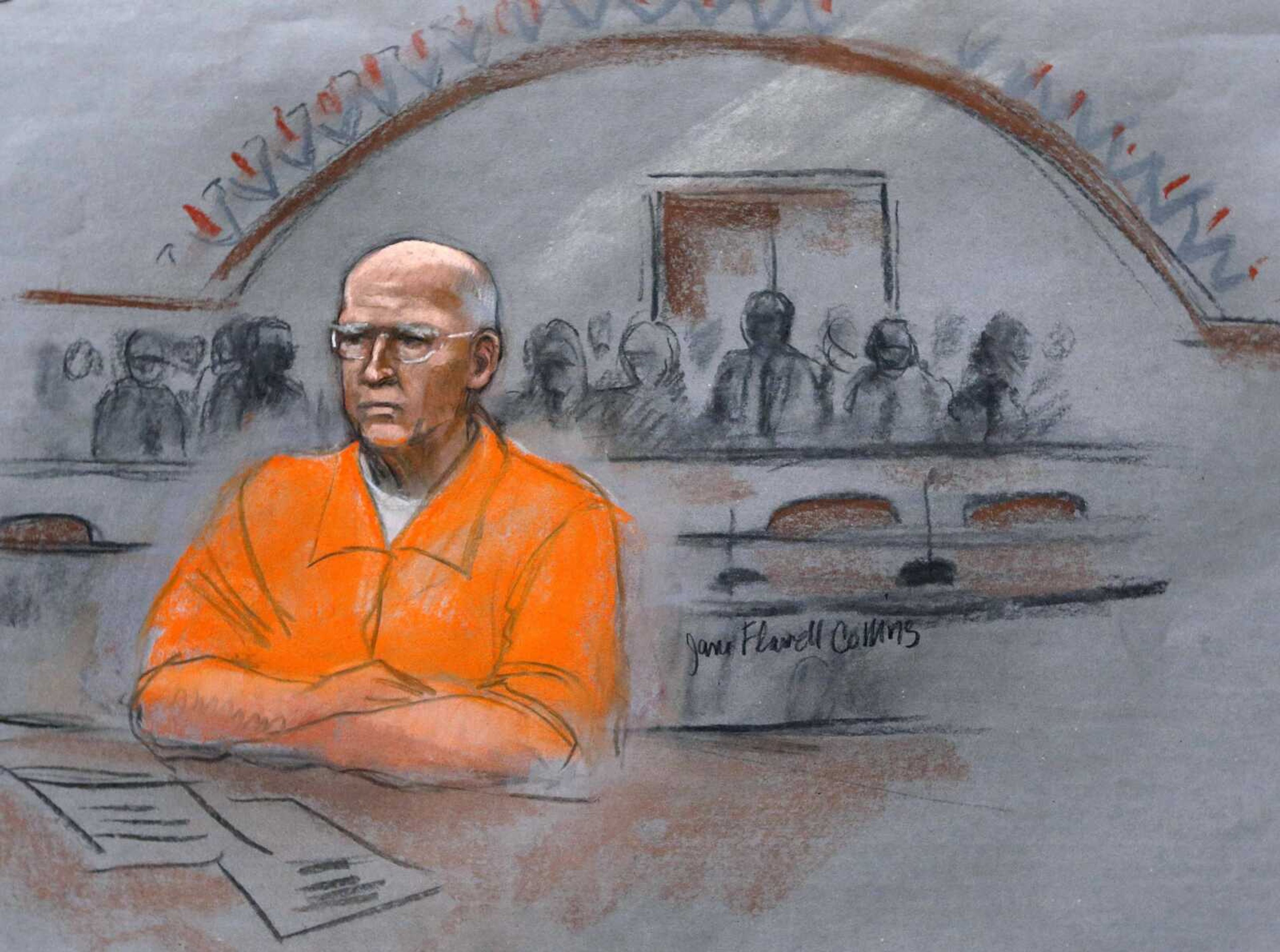 In this courtroom sketch, James &#8220;Whitey&#8221; Bulger sits at his sentencing hearing in federal court in Wednesday. Bulger was convicted in August in a broad indictment that included racketeering charges in a string of murders in the 1970s and &#8216;80s, as well as extortion, money-laundering and weapons charges. (Jane Flavell Collins ~ Associated Press)