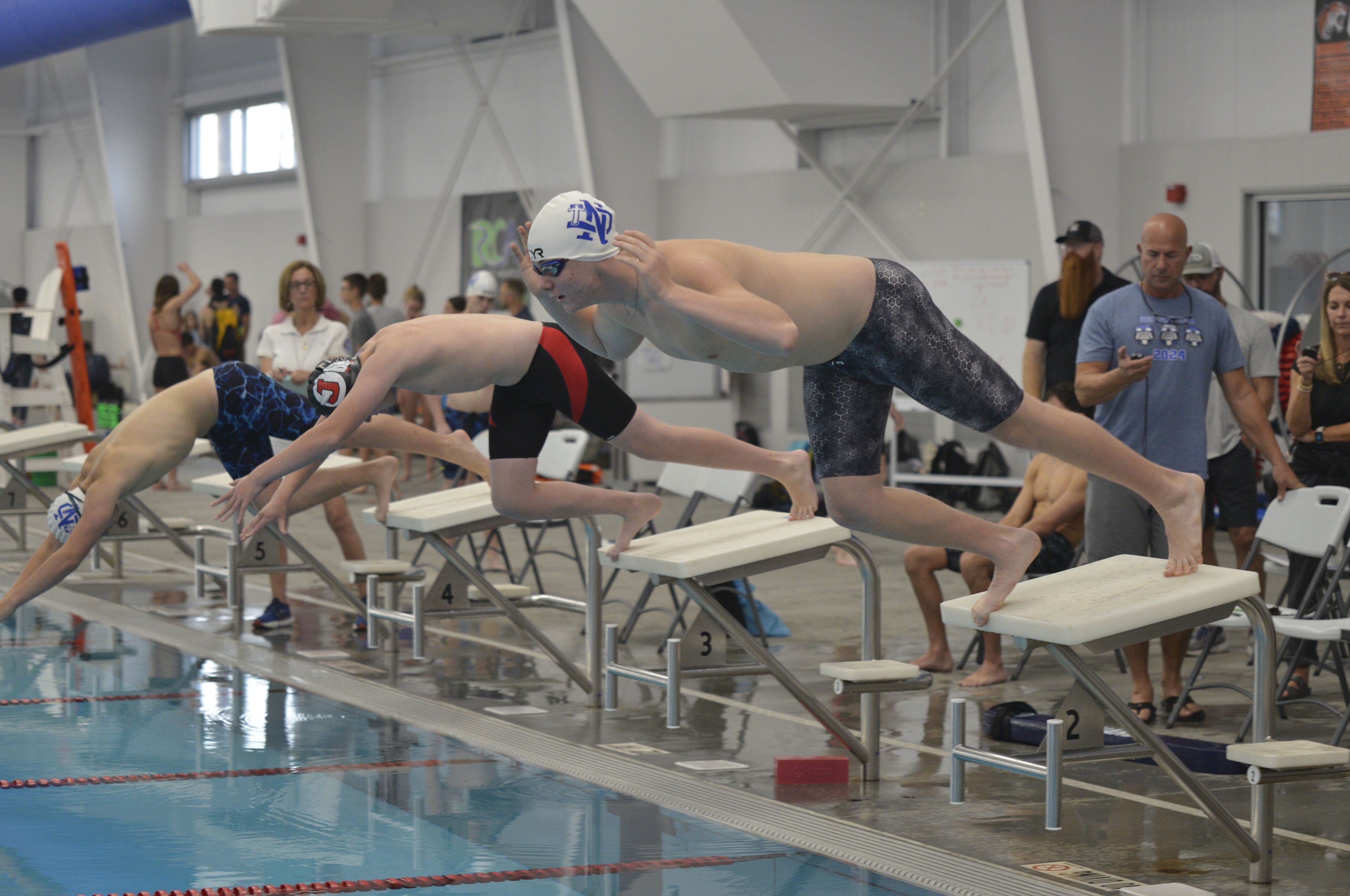 Notre Dame's Wade Fullhart  dives to start a race against Jackson on Monday, Oct. 28, at the Cape Aquatic Center.