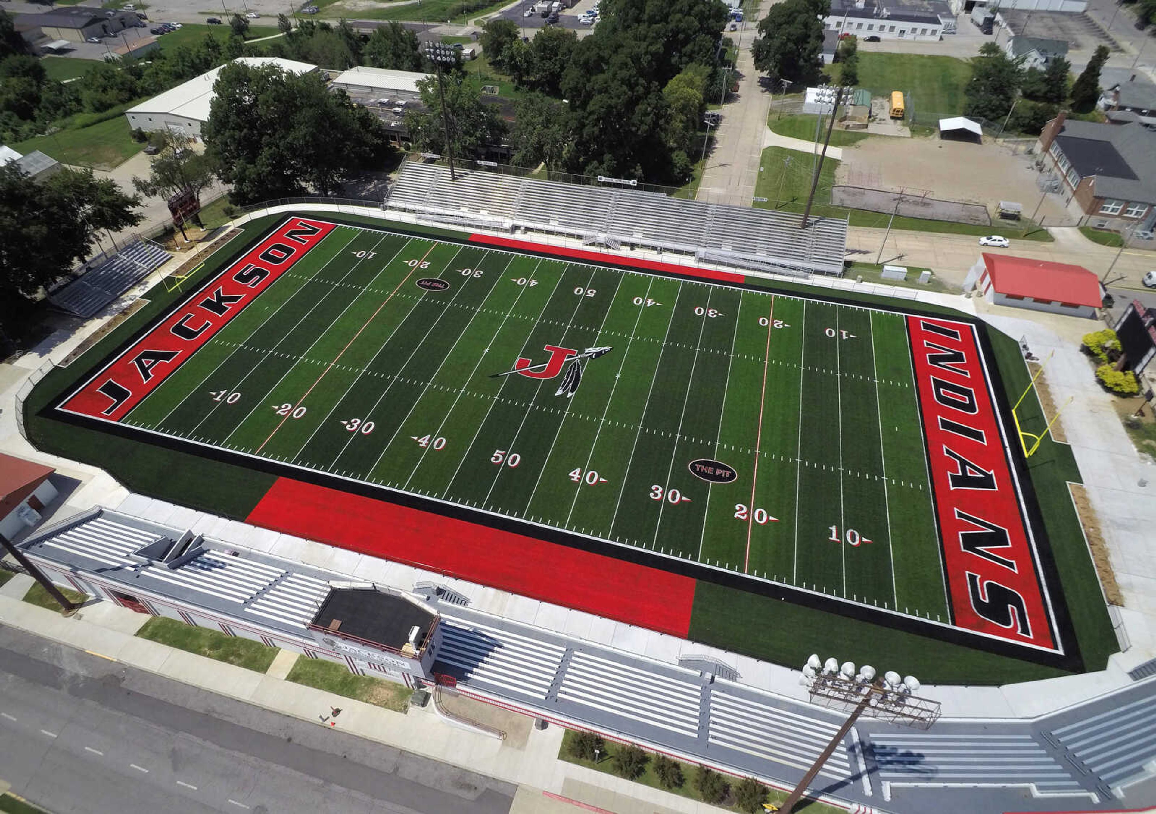 FRED LYNCH ~ flynch@semissourian.com
The new artificial turf at the Jackson High School football stadium is seen in this drone view July 11, 2018 in Jackson.