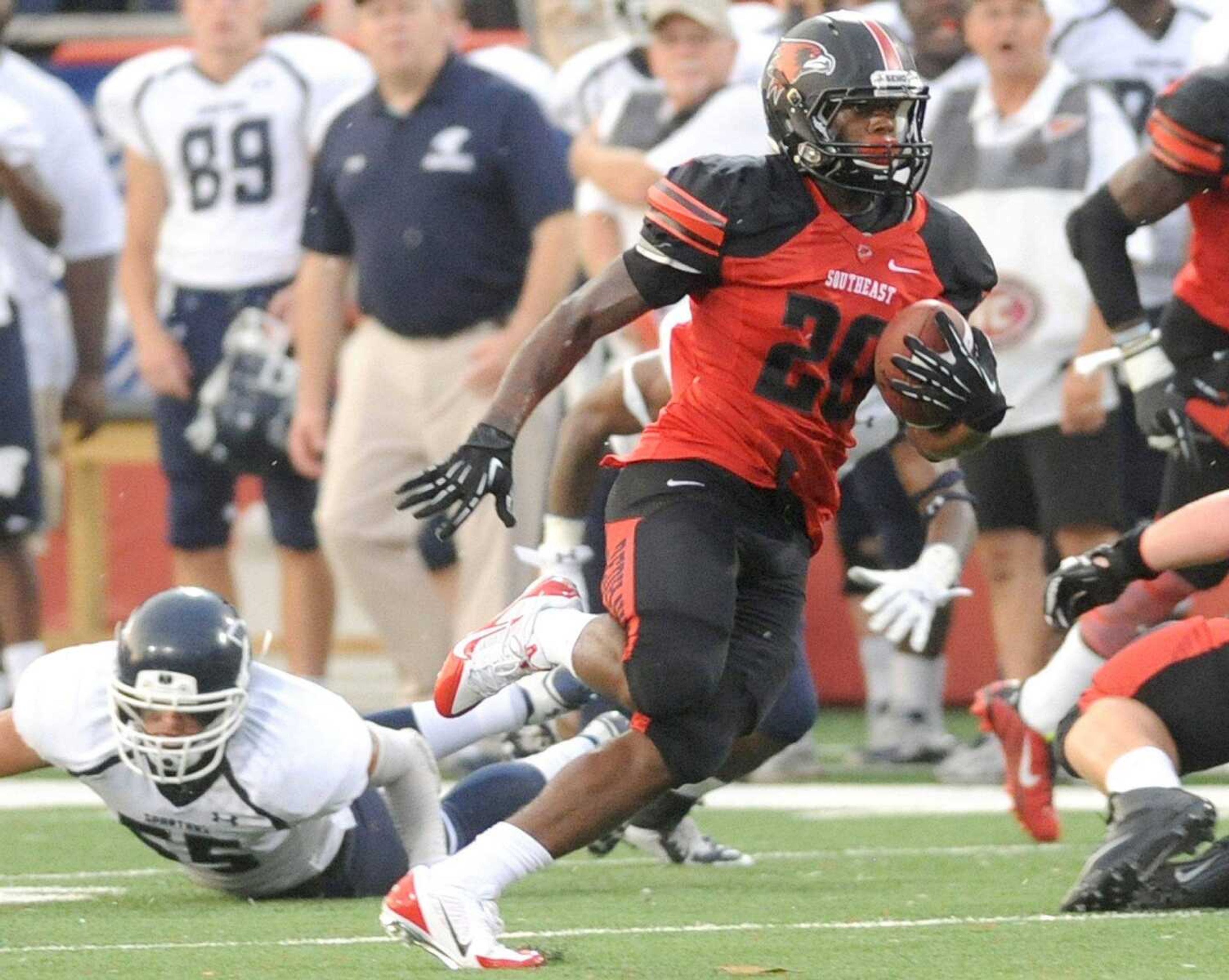 Southeast Missouri State&#8217;s DeMichael Jackson runs for a touchdown during Southeast&#8217;s season opener against Missouri Baptist last month at Houck Stadium. (GLENN LANDBERG)