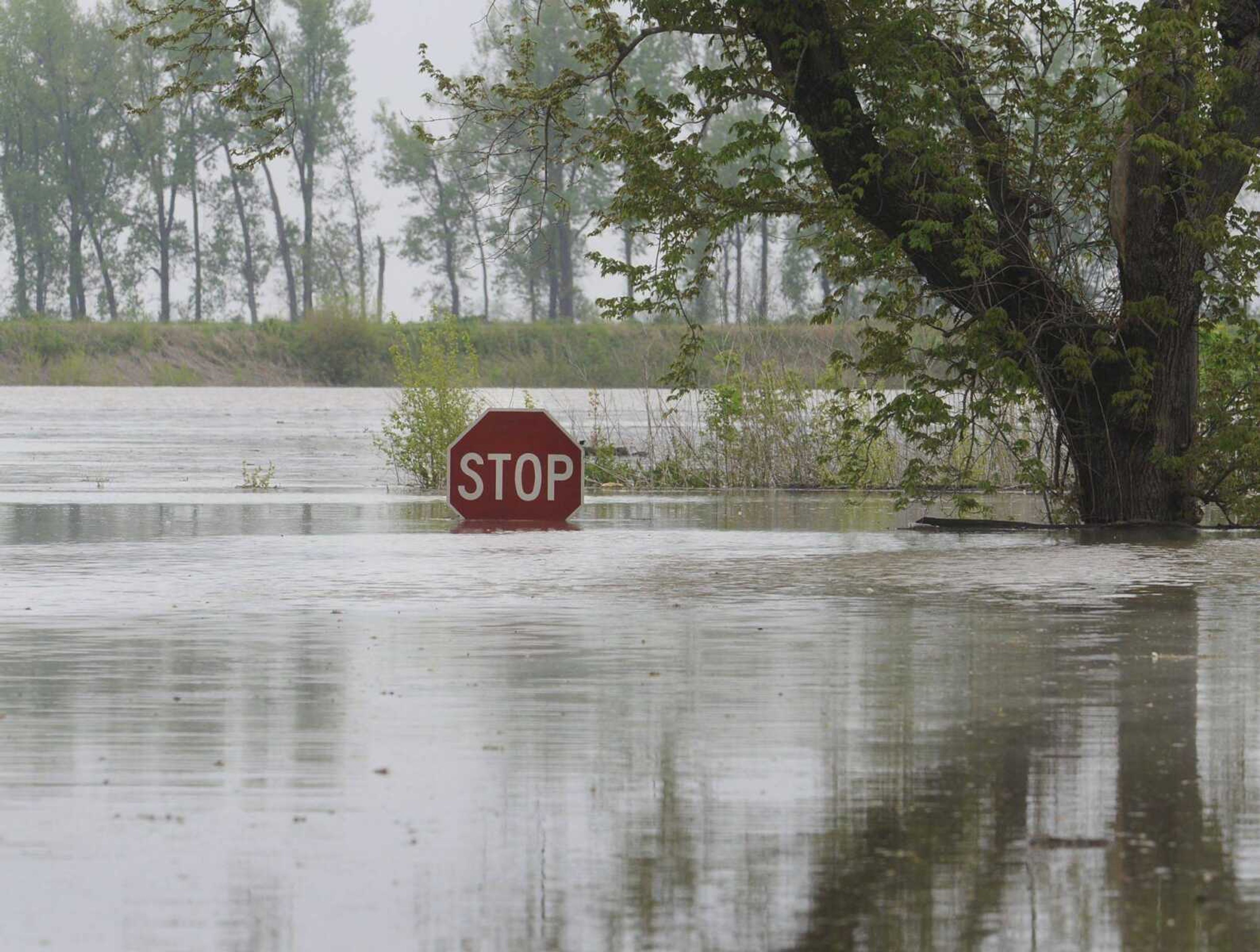 Floodwaters of the Mississippi River cover Route E at the southeast corner of Commerce, Mo. Tuesday, April 23, 2013. (Fred Lynch)