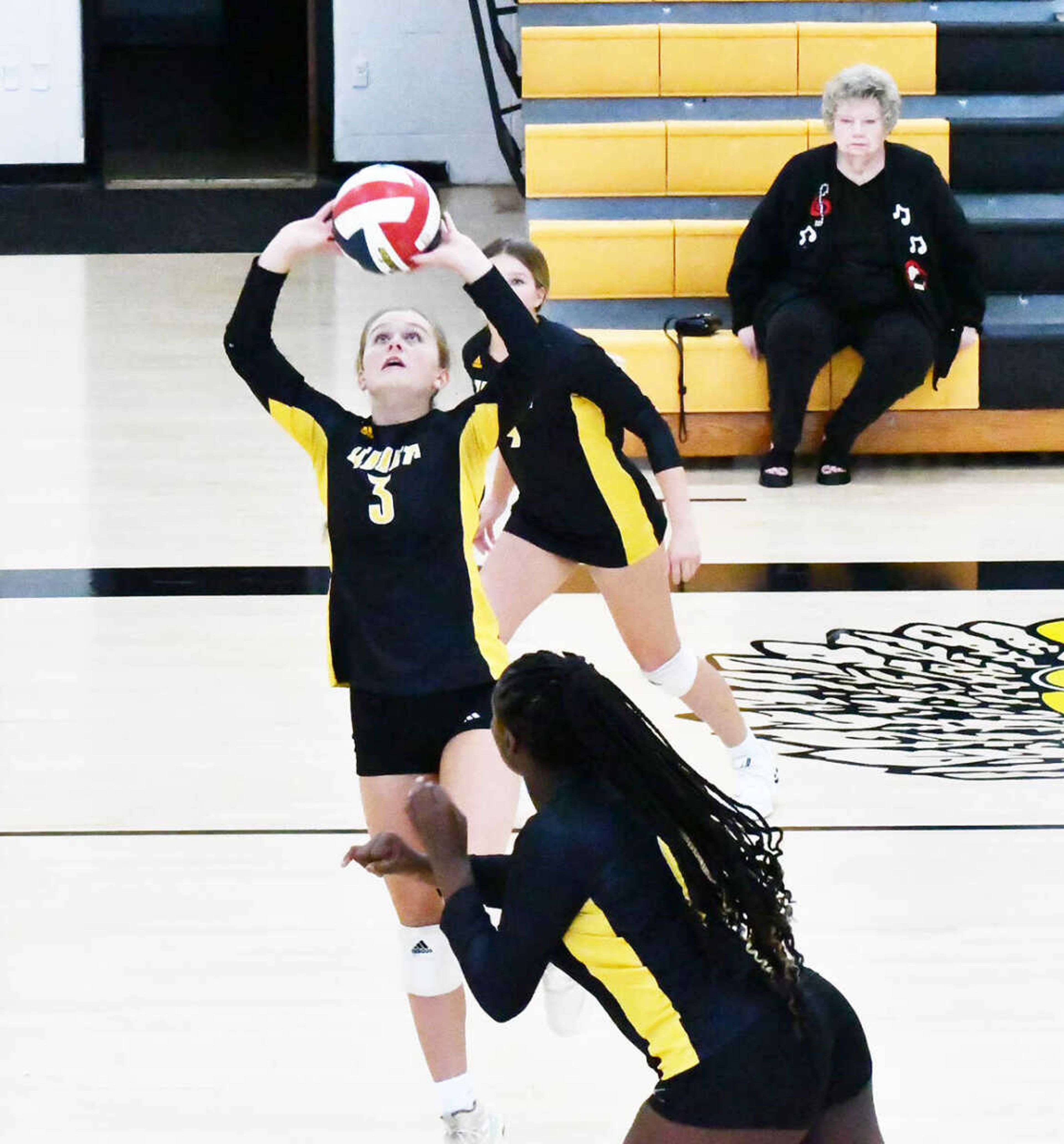 Kennett's Ella Gardner, a sophomore setter, touches the ball during the first set of a match versus Saxony Lutheran dated Monday, Oct. 9, 2023. 