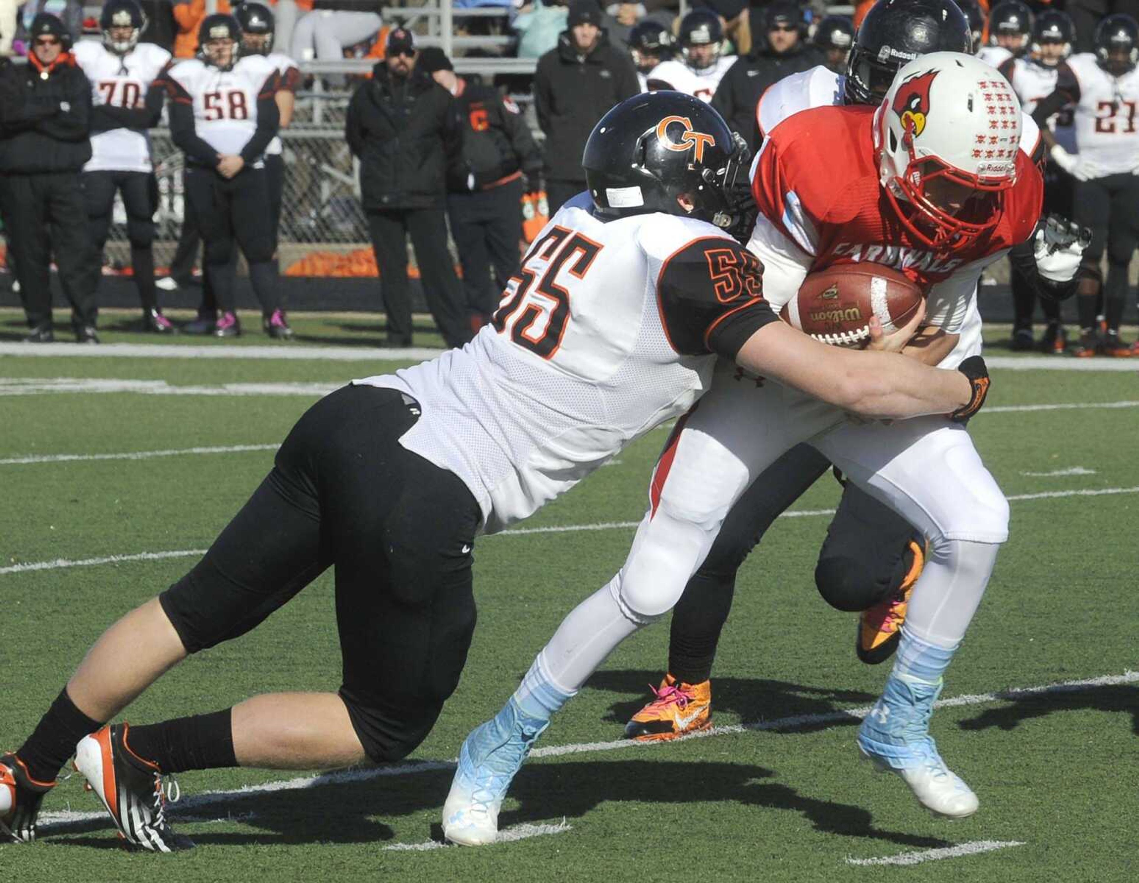 Southeast Missouri State's Zach Stagner, a former Cape Central standout shown tackling a Webb City player during a Class 4 semifinal in 2013, was awarded with a scholarship at the conclusion of the Redhawks' scrimmage Saturday at Houck Stadium.