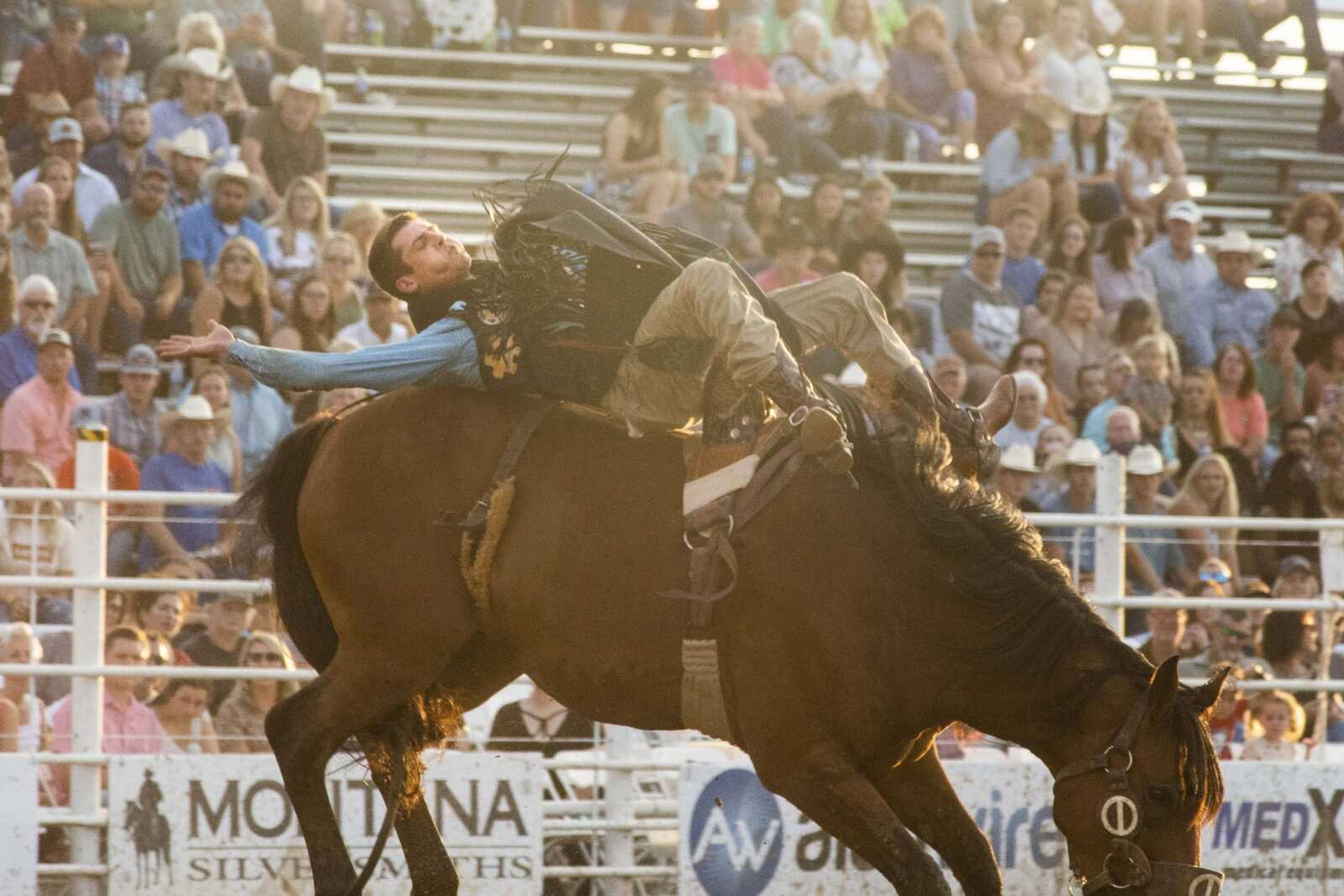 A rider hangs on during the last night of the Sikeston Jaycee Bootheel Rodeo Saturday, Aug. 14, 2021,&nbsp;in Sikeston, Missouri.