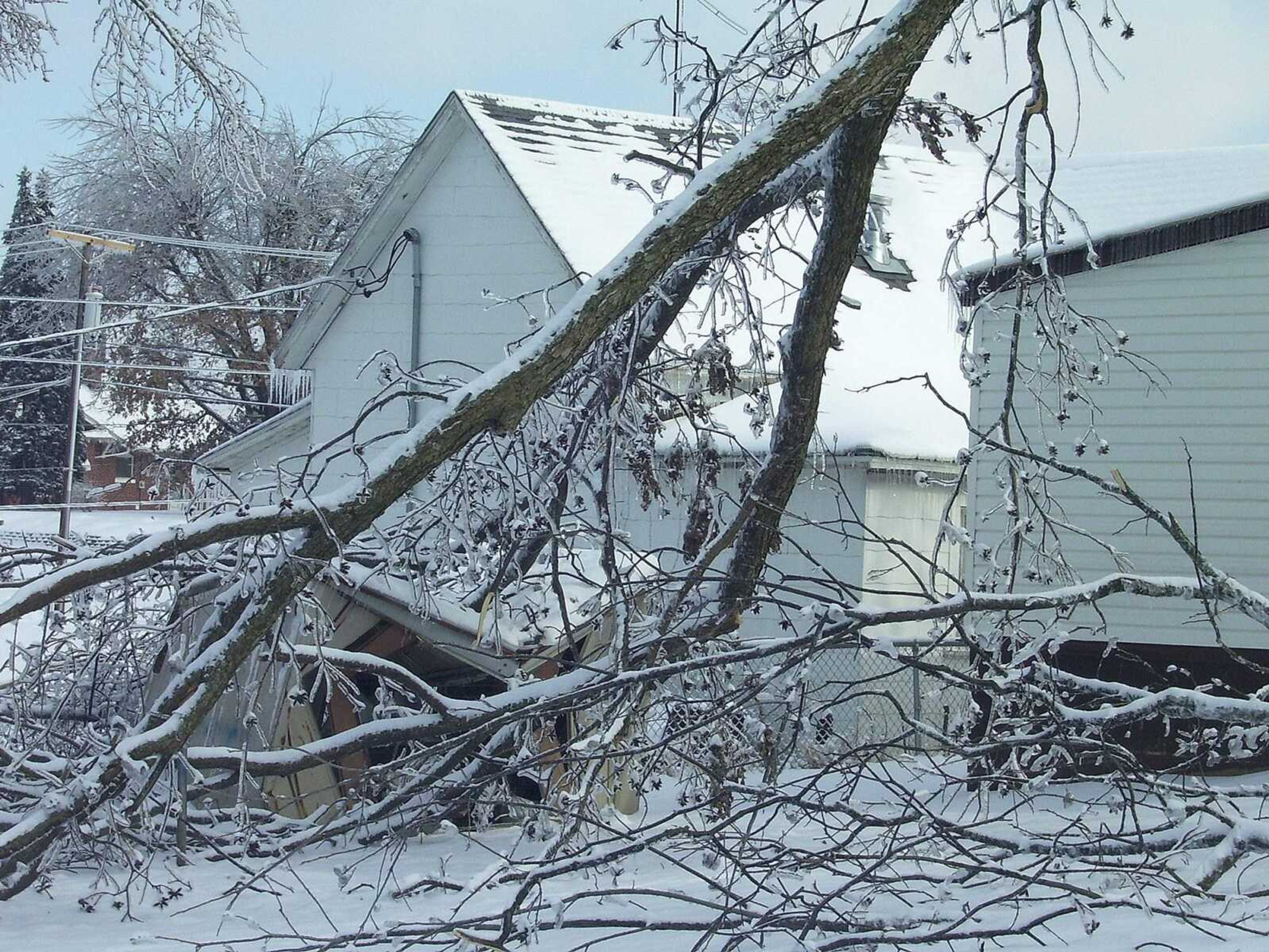 MATT SANDERS ~ msanders@semissourian.com
A fallen tree smashed a shed in a yard on Fourth Street East in the Old Illmo section of Scott City Wednesday.