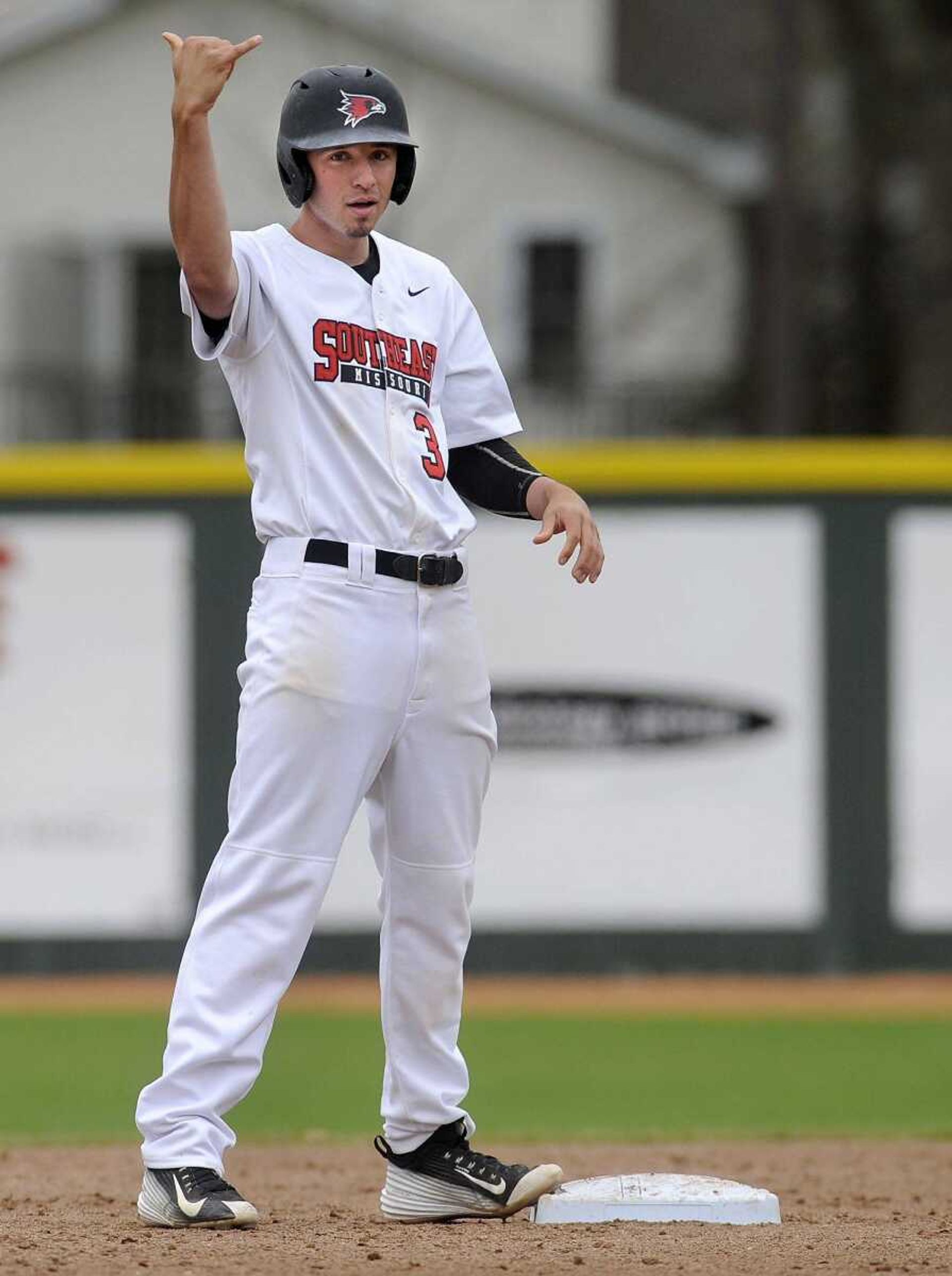 Southeast Missouri State's Branden Boggetto signals after his 2-RBI double down the left-field line against Austin Peay during the second inning Sunday, April 5, 2015 at Capaha Field. (Fred Lynch)