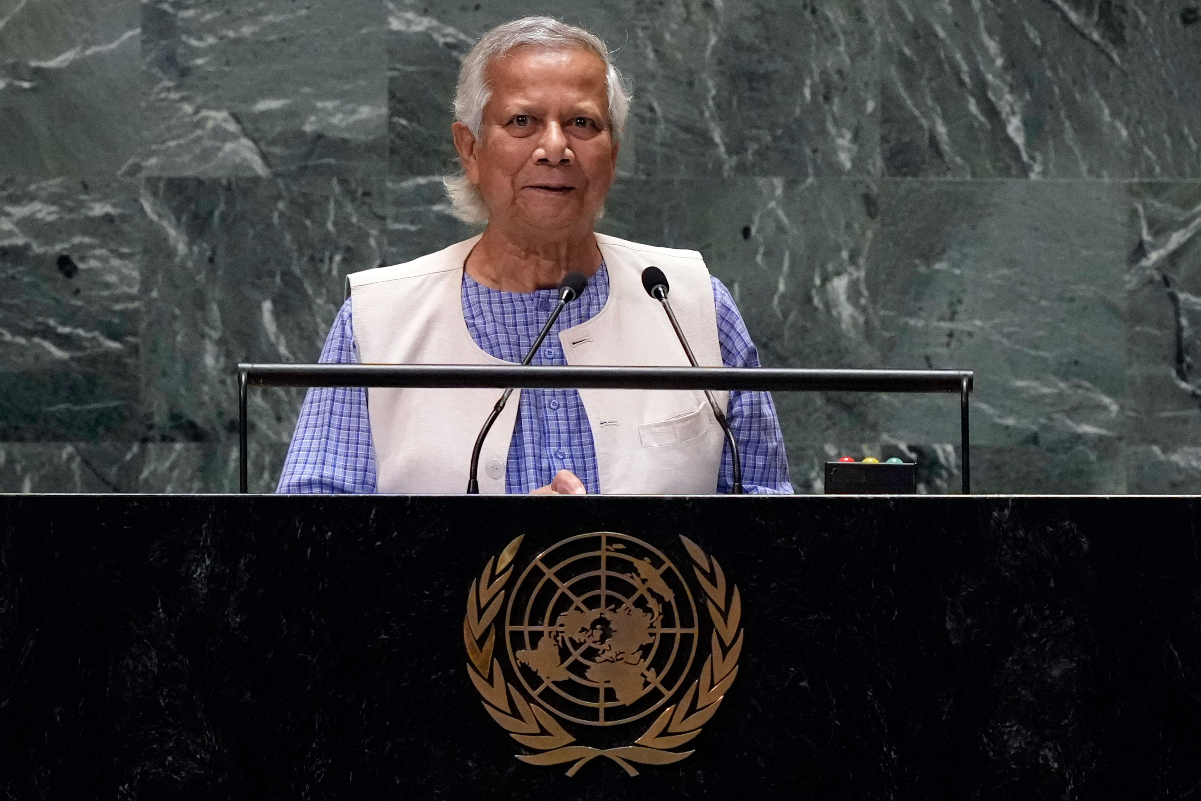 Chief Adviser of the interim government of Bangladesh Muhammad Yunus addresses the 79th session of the United Nations General Assembly, Friday, Sept. 27, 2024. (AP Photo/Richard Drew)