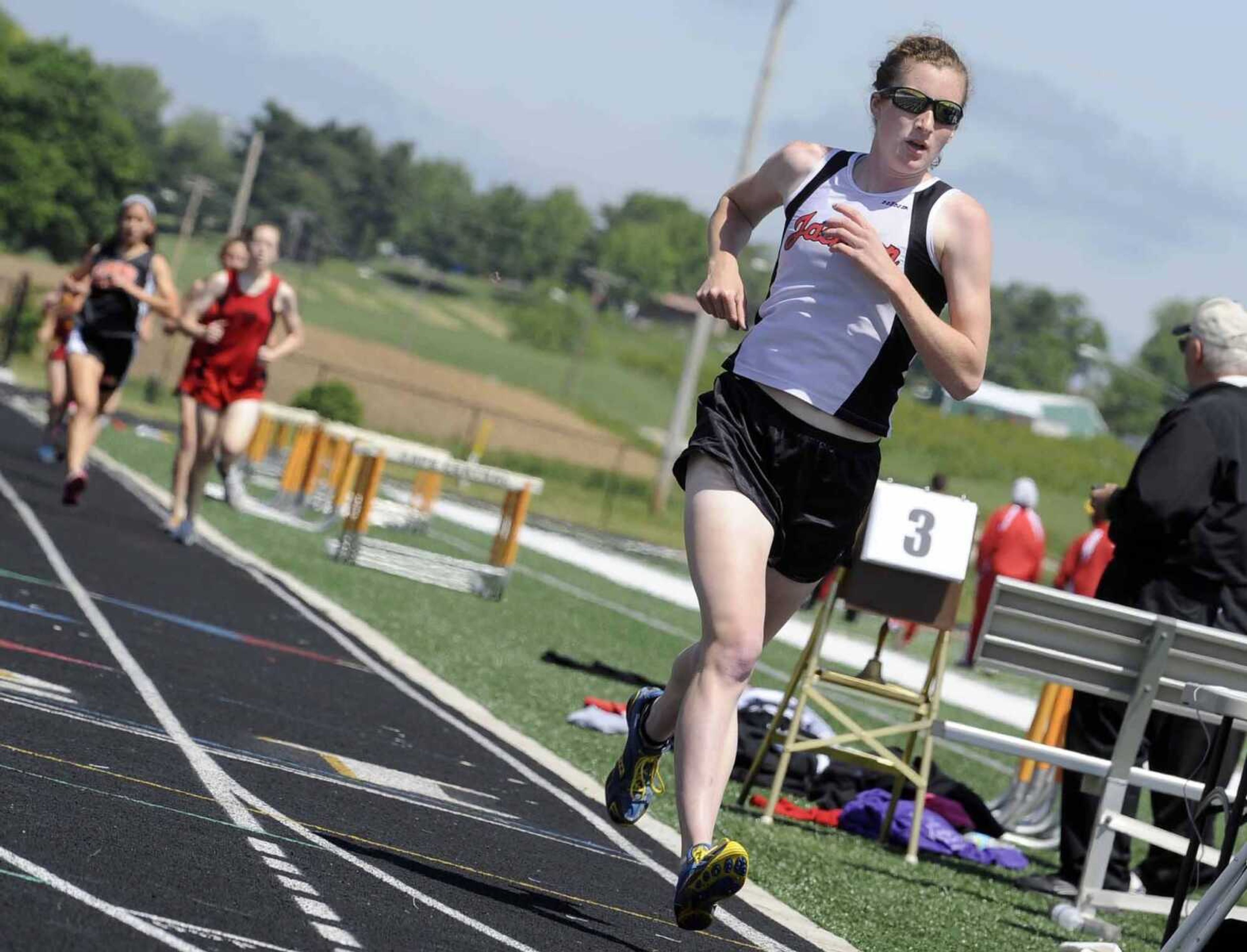 Jackson's Lindsey Seabaugh leads the 1600-meter run during Saturday's Central Invitational. (Fred Lynch)