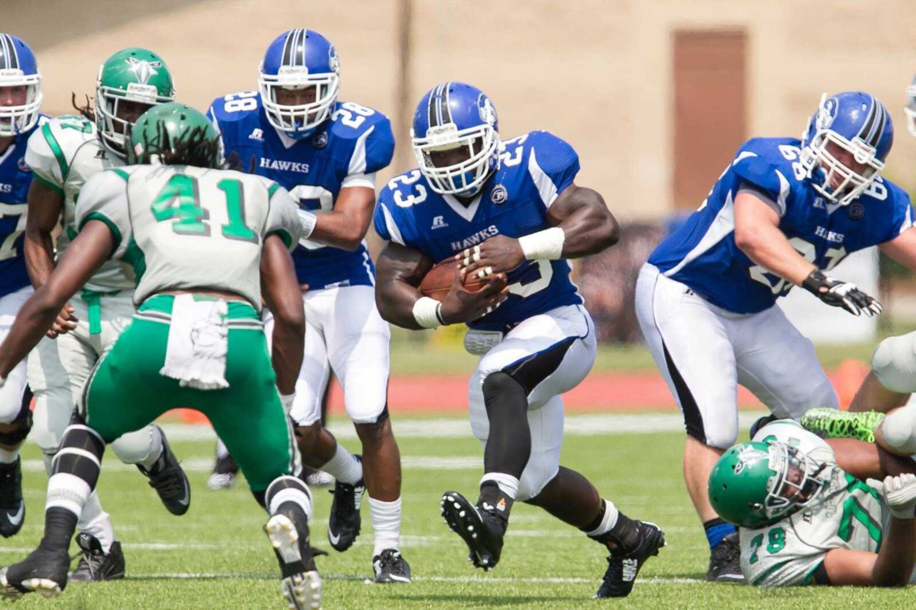 Shorter University's B.J. McCoy carries the ball against University of Faith during an exhibition game at Barron Stadium in Rome, Ga., on Saturday, Sept. 5, 2015. (Photo courtesy Rome News-Tribune)