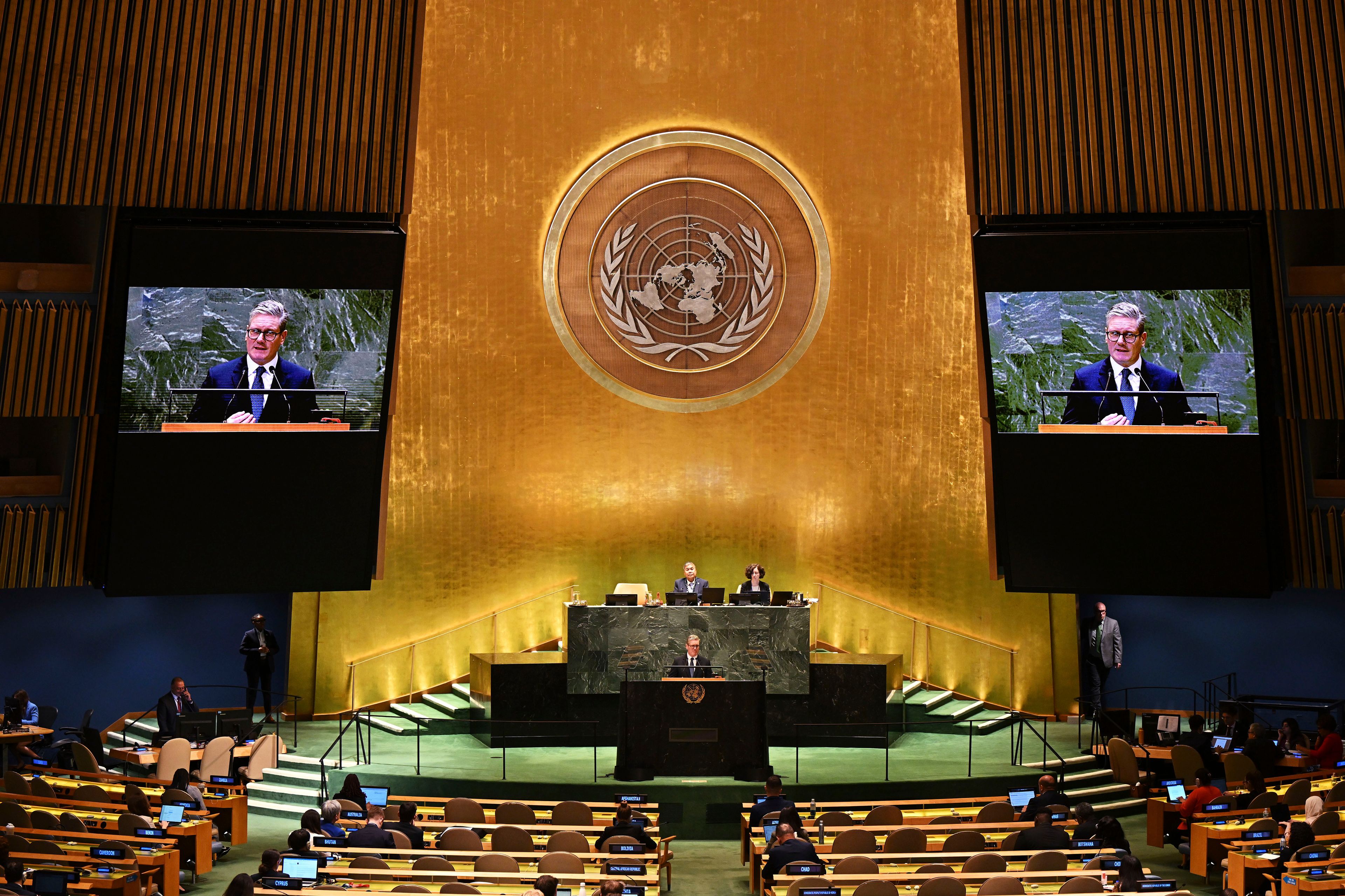 Britain's Prime Minister Keir Starmer addresses the 79th session of the United Nations General Assembly, Thursday, Sept. 26, 2024, at U.N. headquarters. (Leon Neal/Pool Photo via AP)