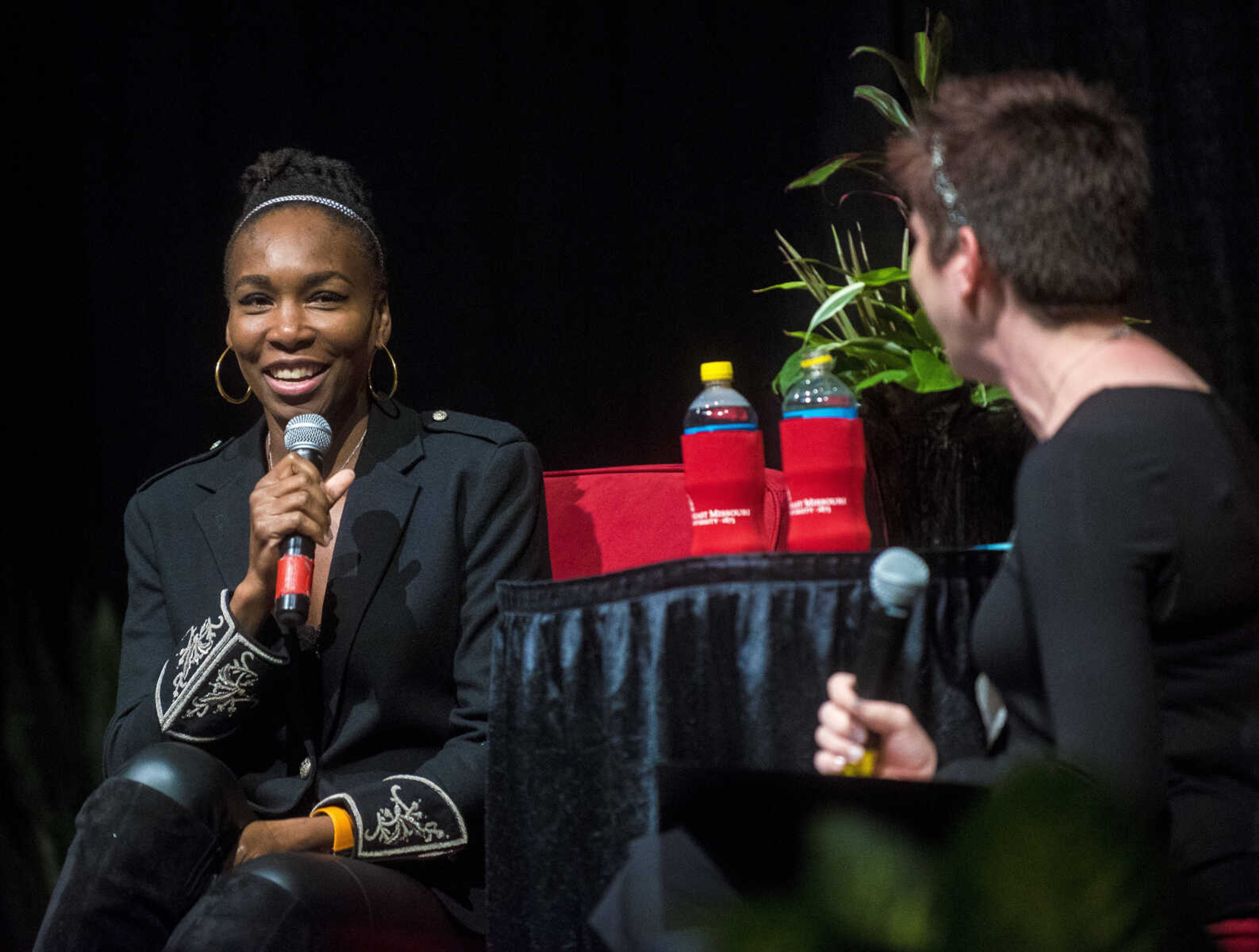 Venus Williams speaks during the Speakers Series interviewed by Brooke Clubbs, Instructor and Director of Health Communication at Southeast Missouri State University Thursday, Sept. 14, 2017 at the Show Me Center in Cape Girardeau.